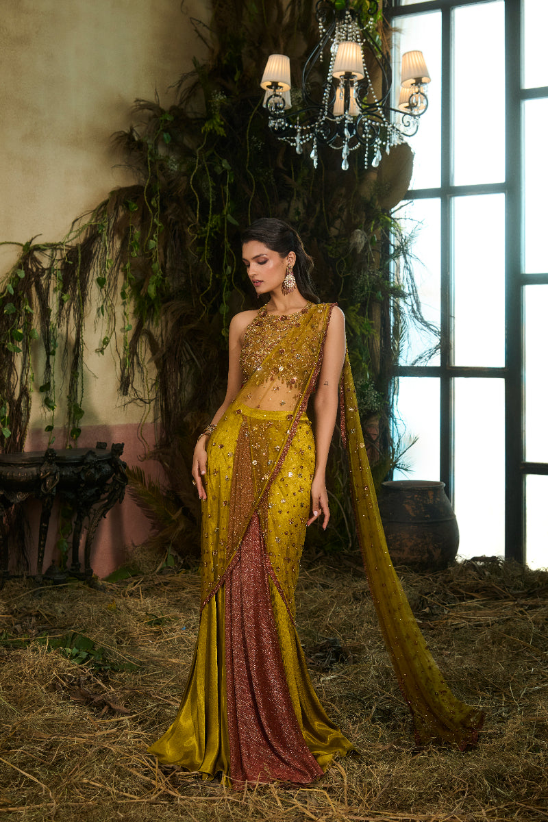 Concept Saree With Embroidered Drape And Crop Top