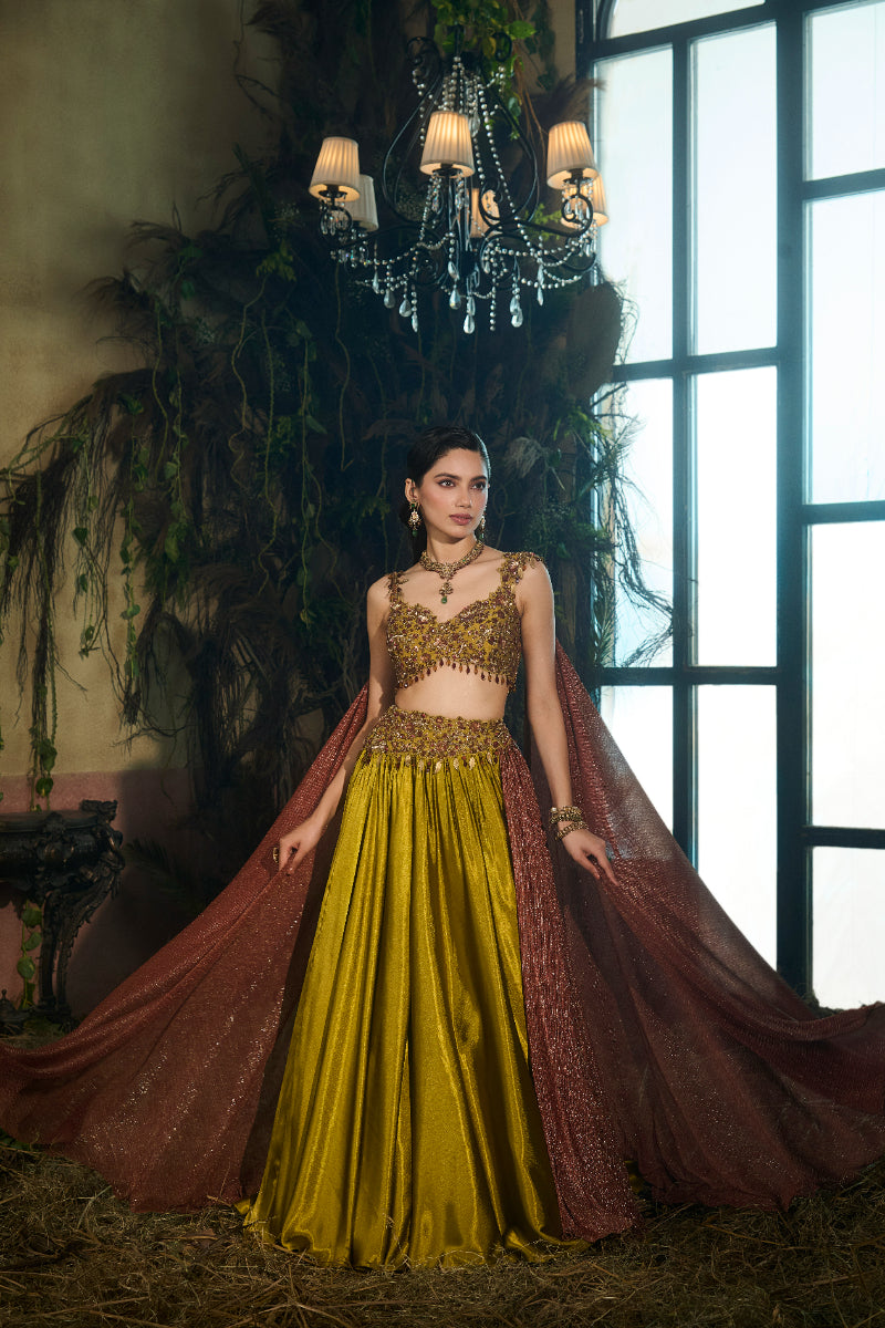 Olive Green And Maroon Lehenga, Blouse And Wings