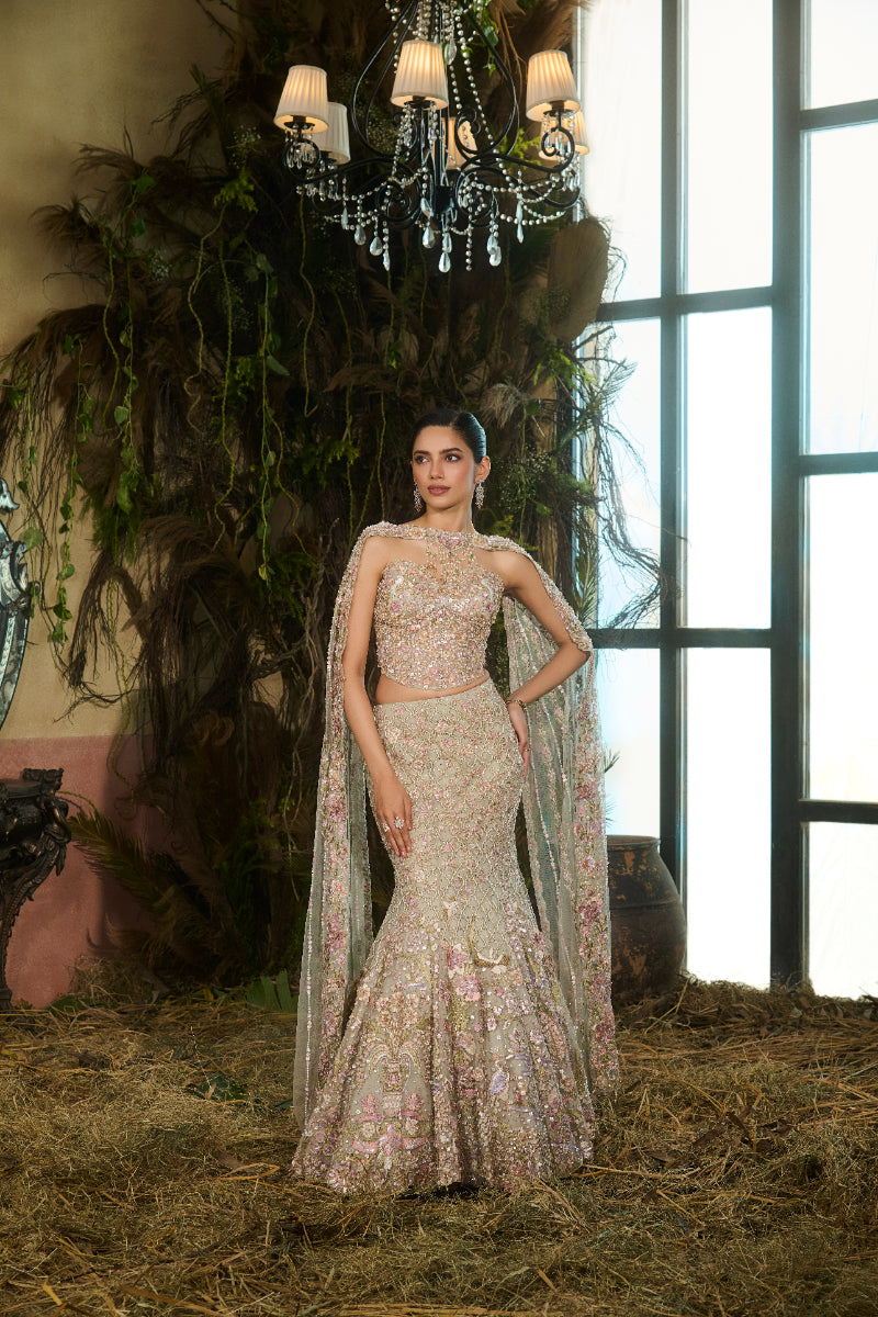 Fish Cut Lehenga, Corset, Dupatta