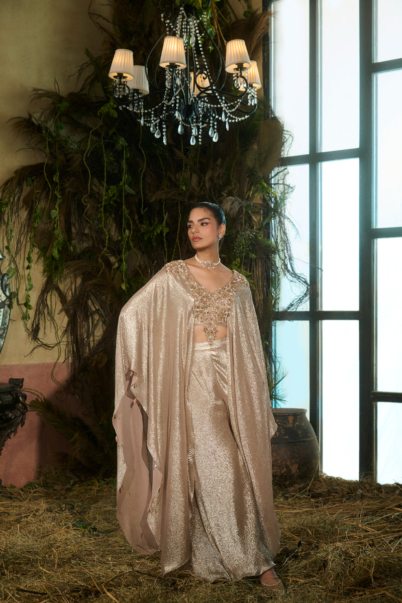 Gold Top With Kaftan Sleeves and Sharara Pants