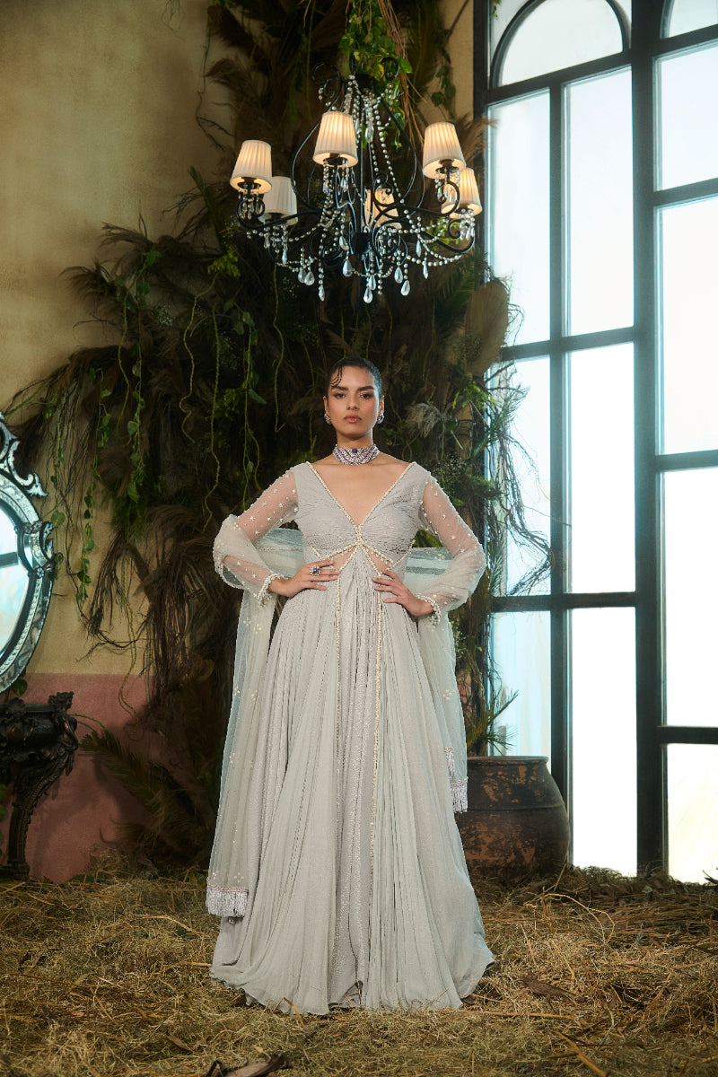 Fluted Anarkali With Embroidered Sleeves And Dupatta