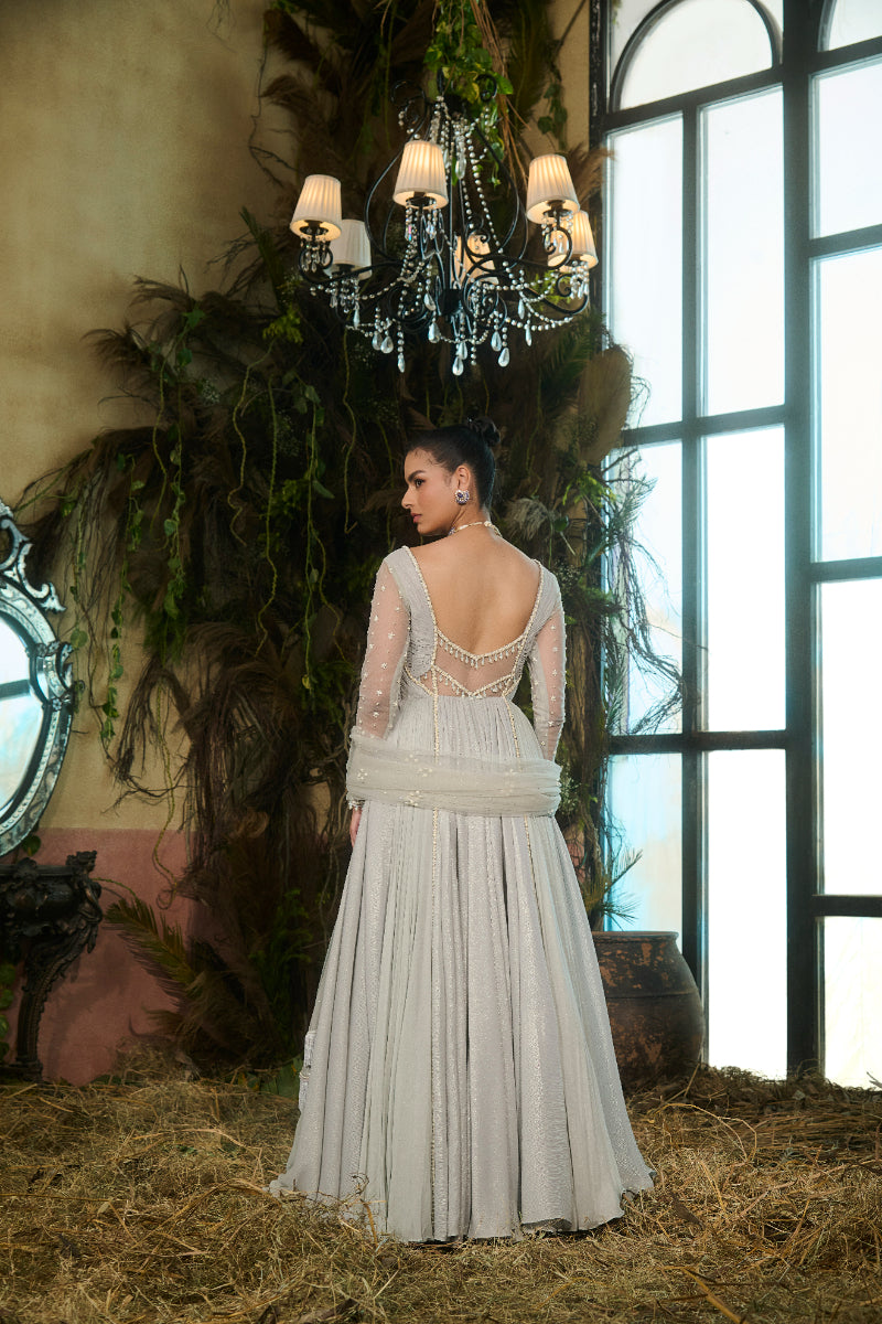 Fluted Anarkali With Embroidered Sleeves And Dupatta