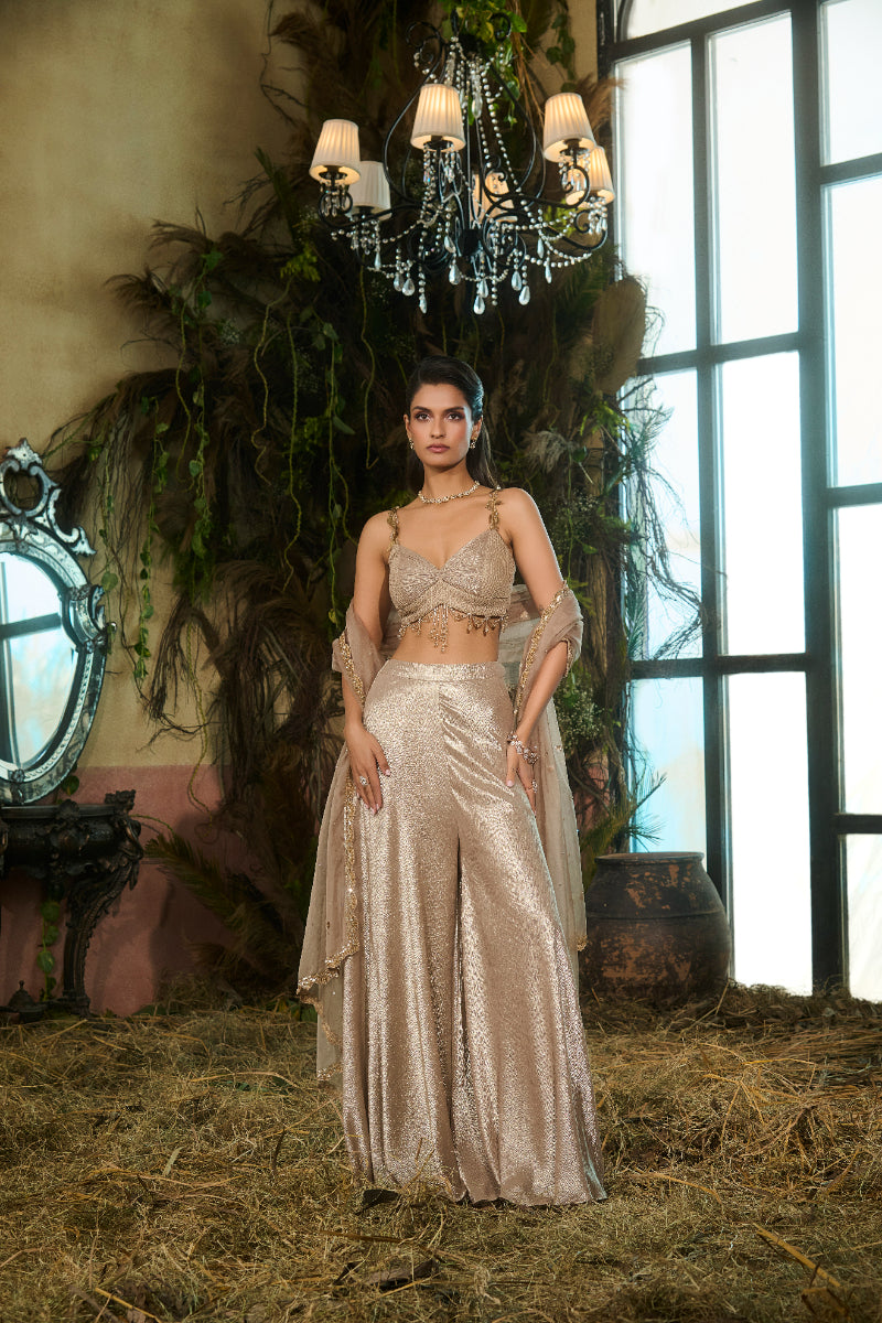 Gold Textured Blouse With Crystals Details, Sharara Pants And Dupatta