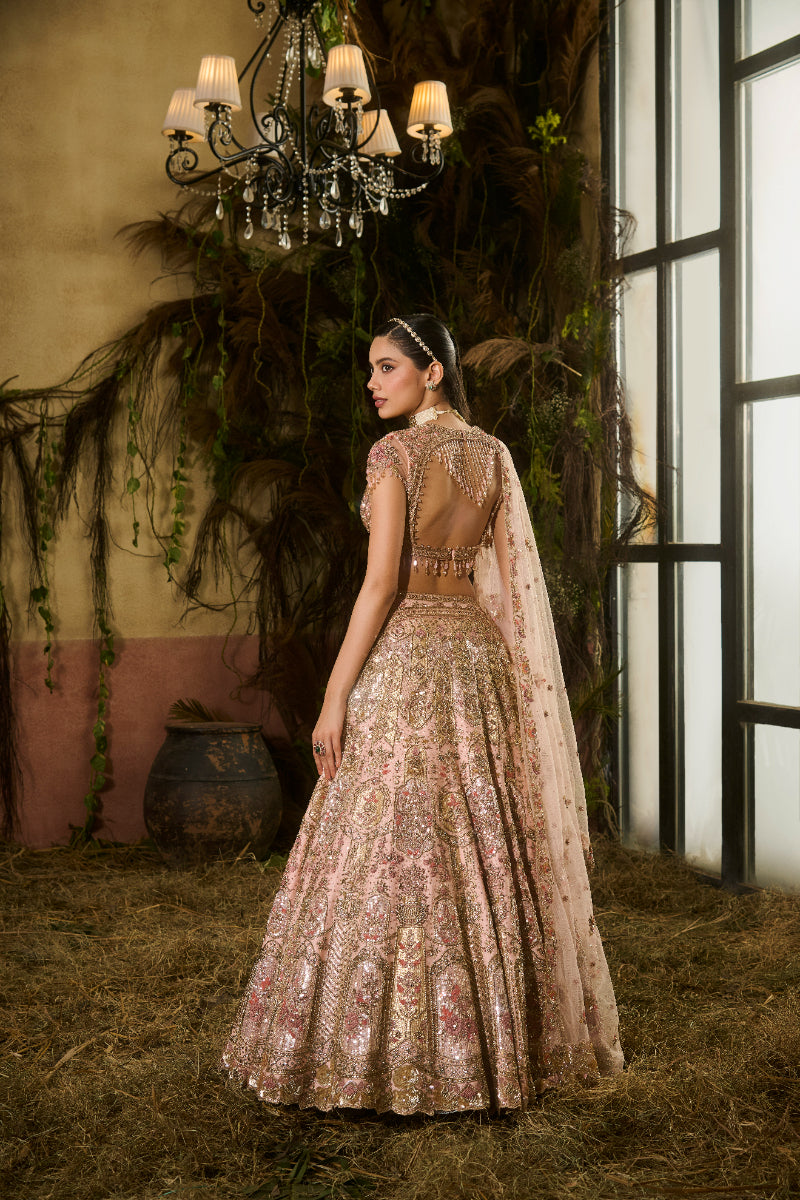 Peach Gold Bridal Lehenga With Blouse, Dupatta And Veil