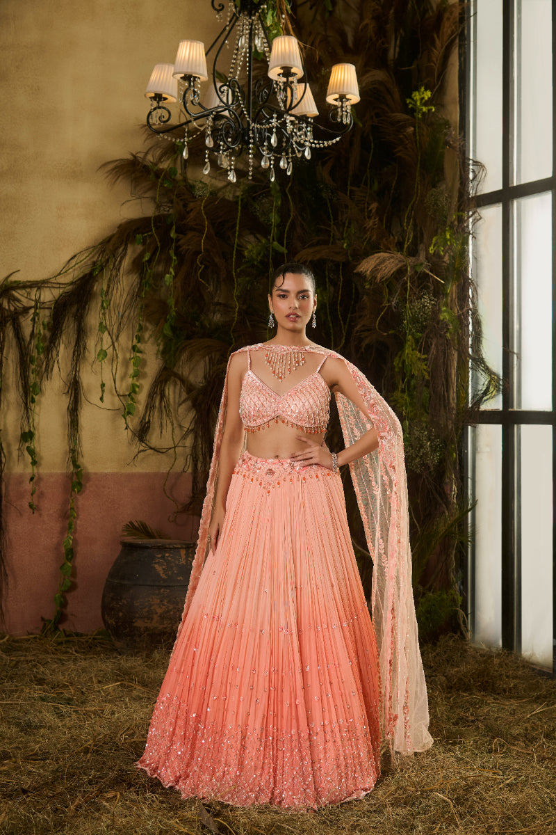 Ombré Lehenga With Crystal Embroidered Blouse And Dupatta