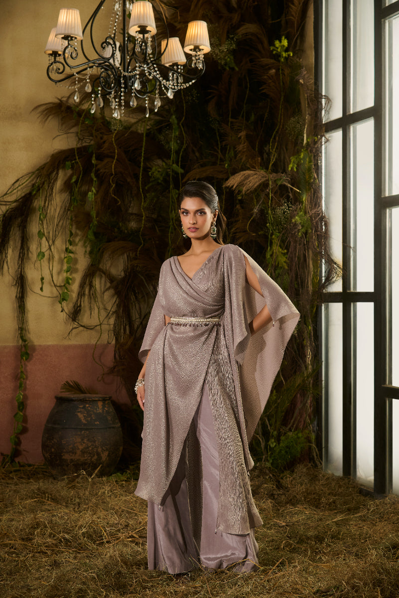Draped Top With Embellished Belt, Pants