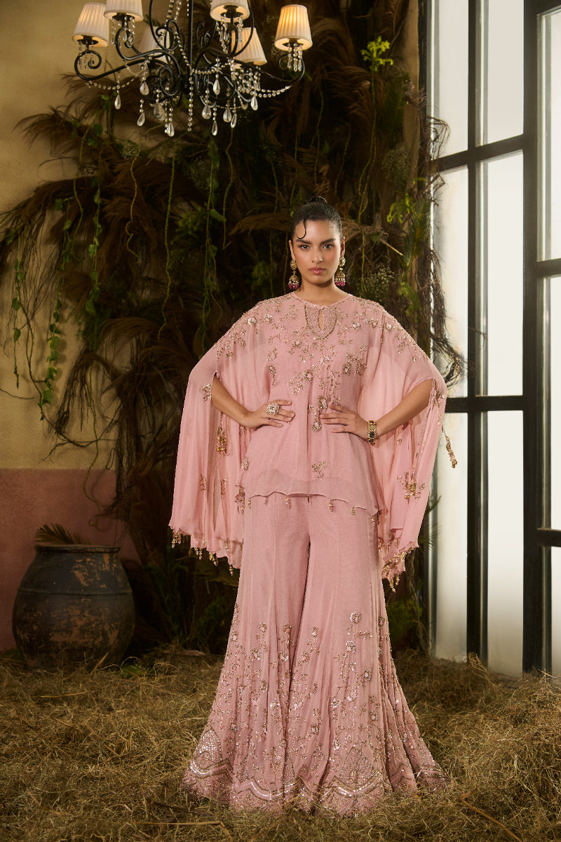 Embroidered Sharara, Short Cape Kurti, Slip