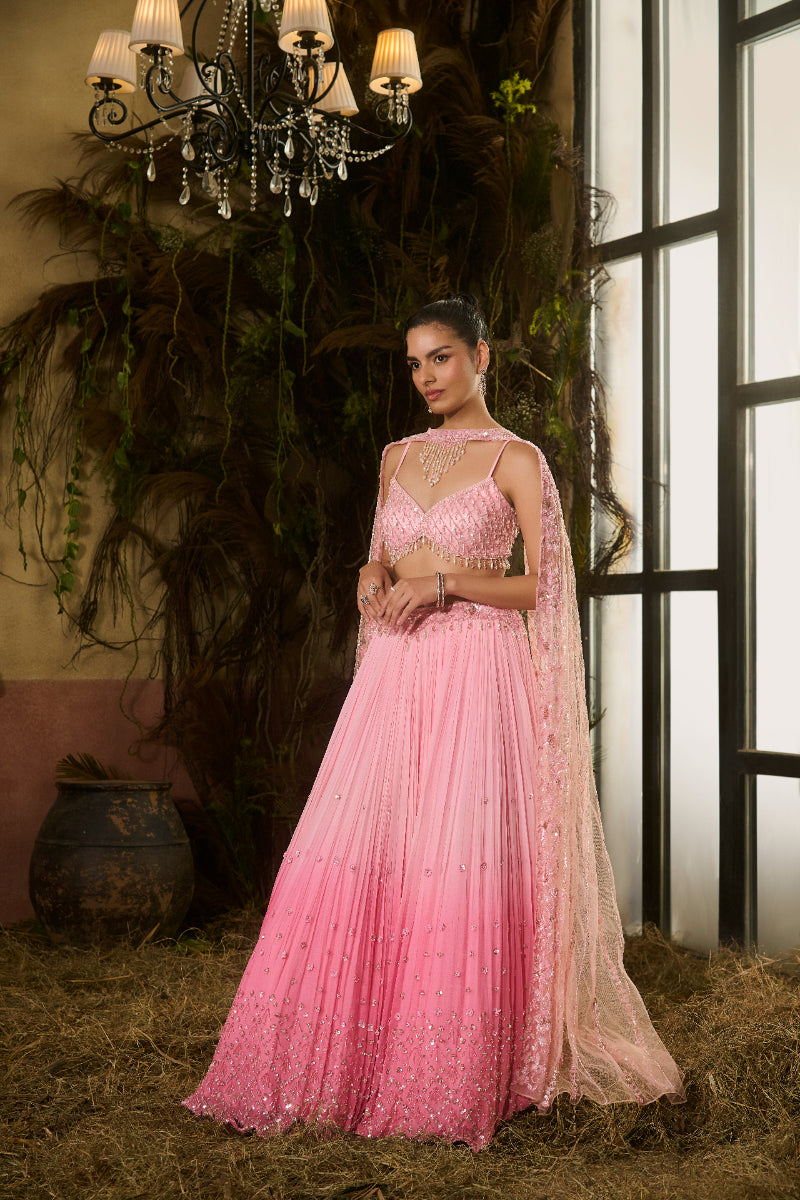 Ombré Lehenga With Crystal Embroidered Blouse And Dupatta