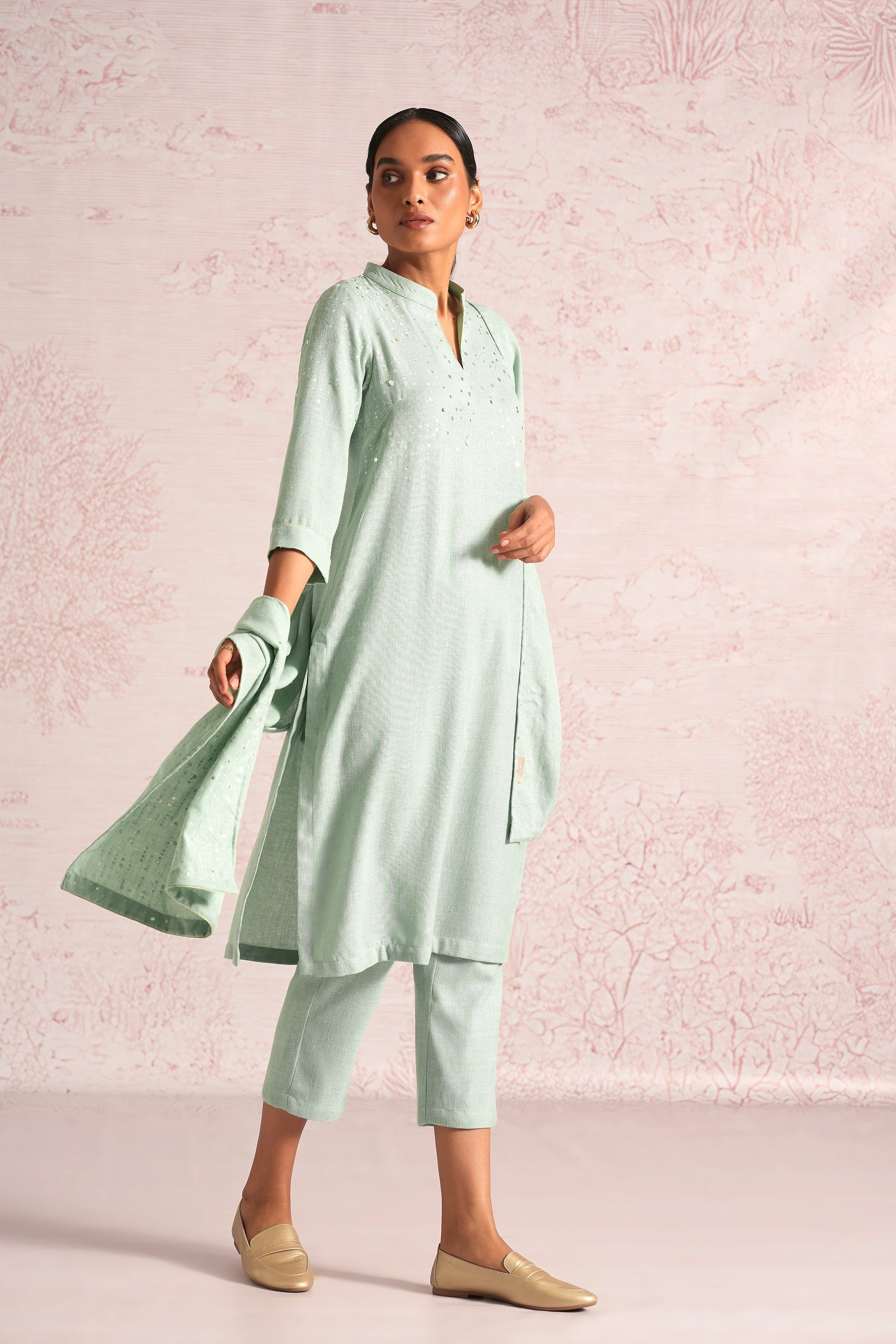 Shimmer Strings Kurta Set - Cloud