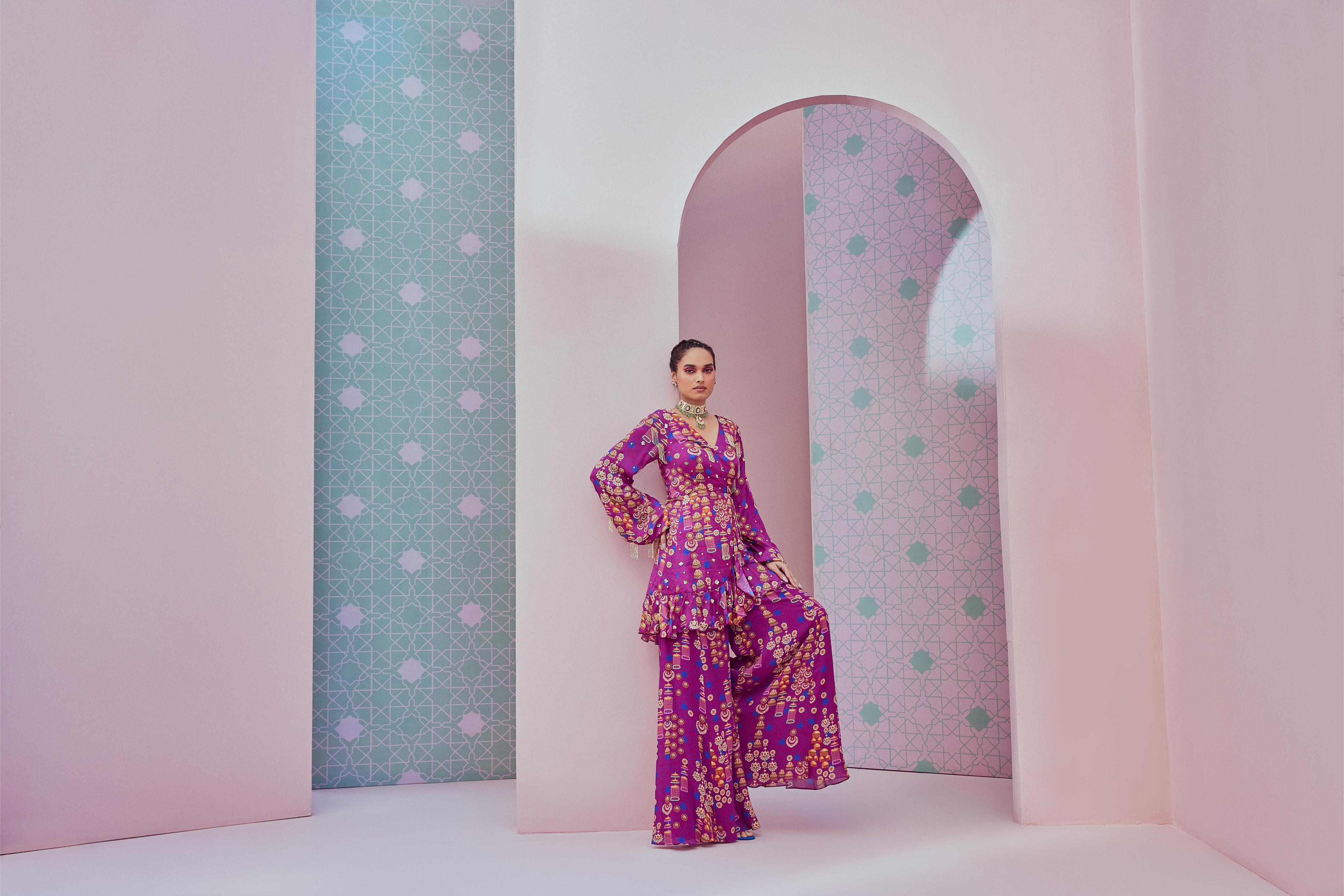 Purple angarkha kurta paired with sharara