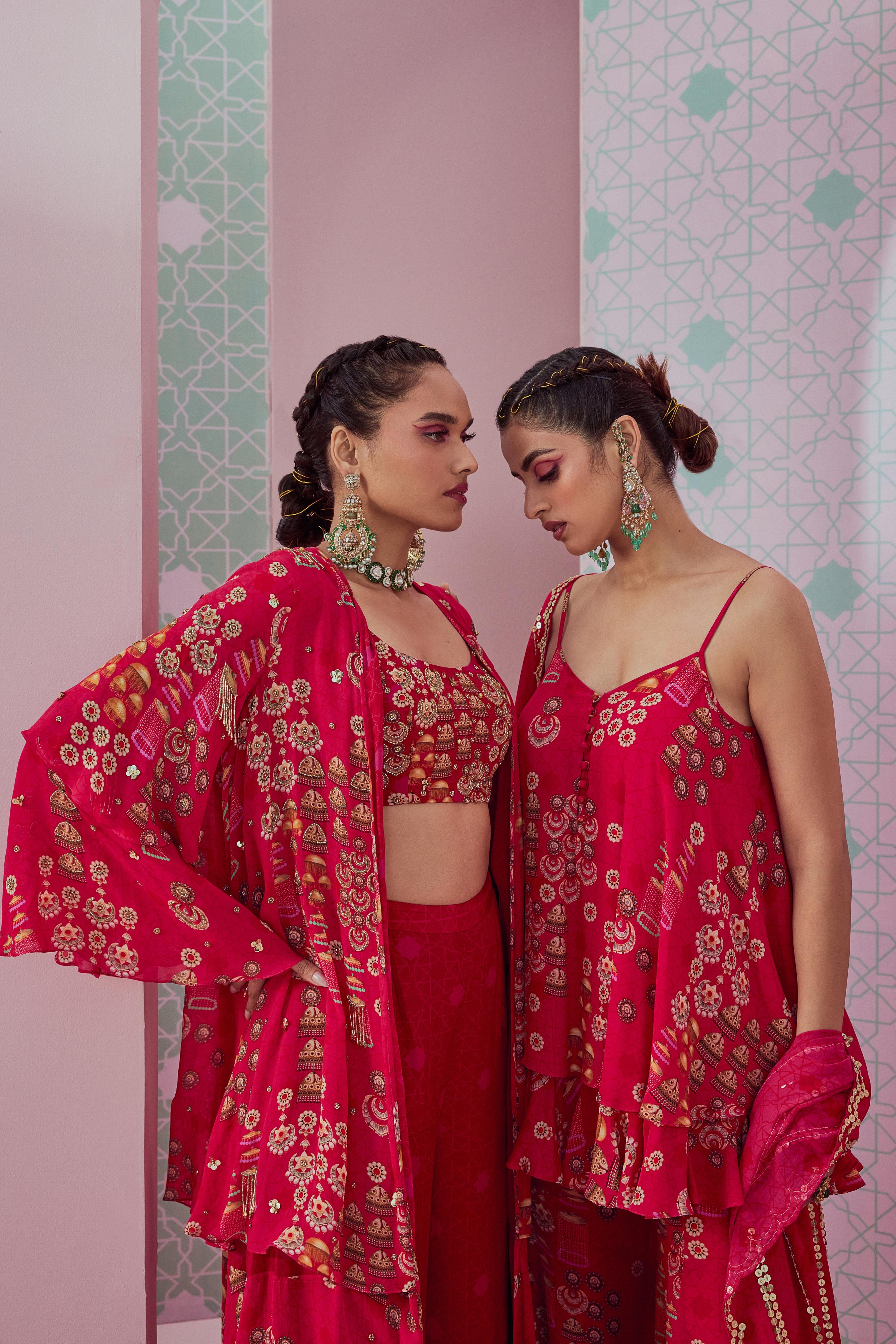 Printed blouse with sharara paired with layered cape