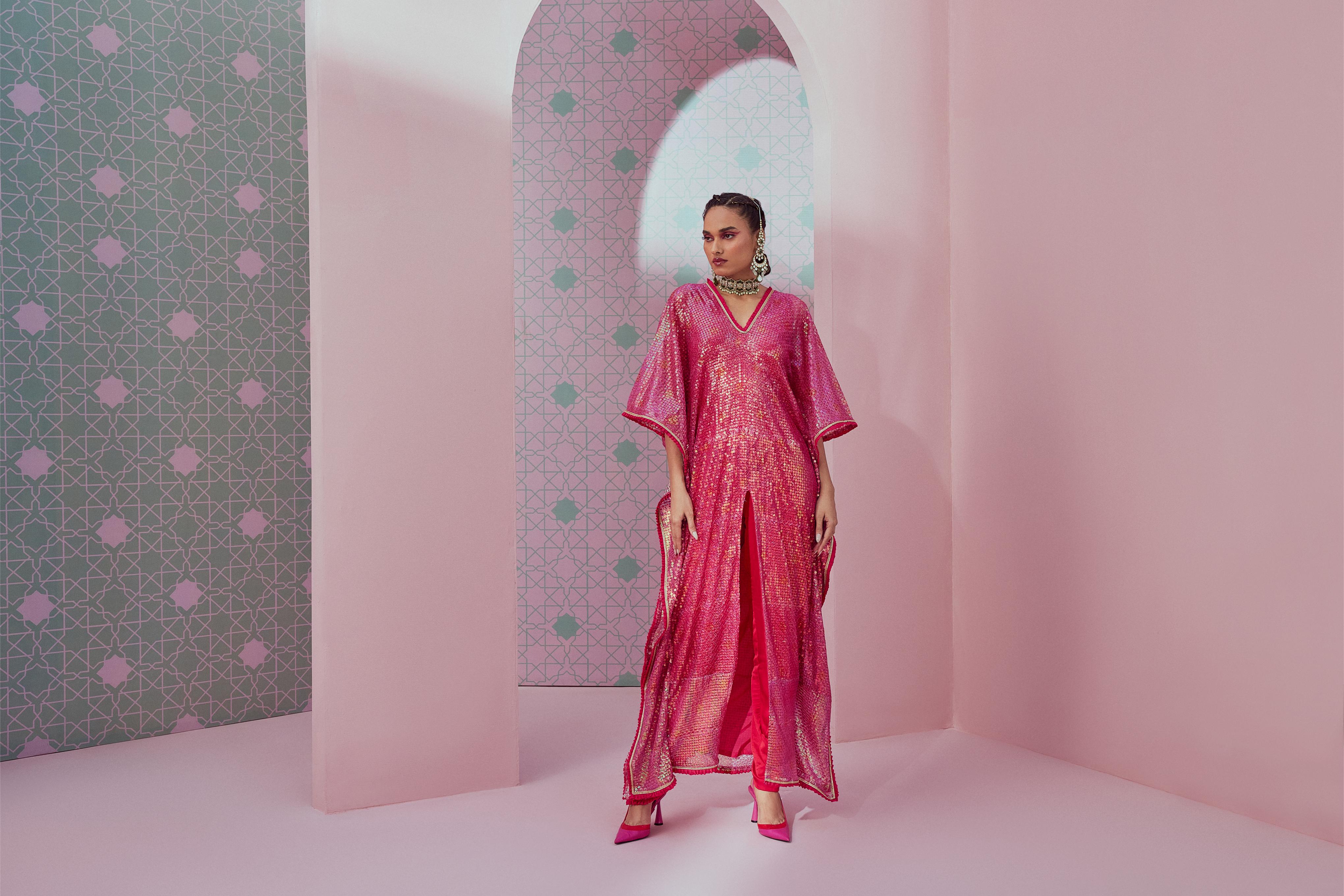 Sequence printed kaftan paired with pants
