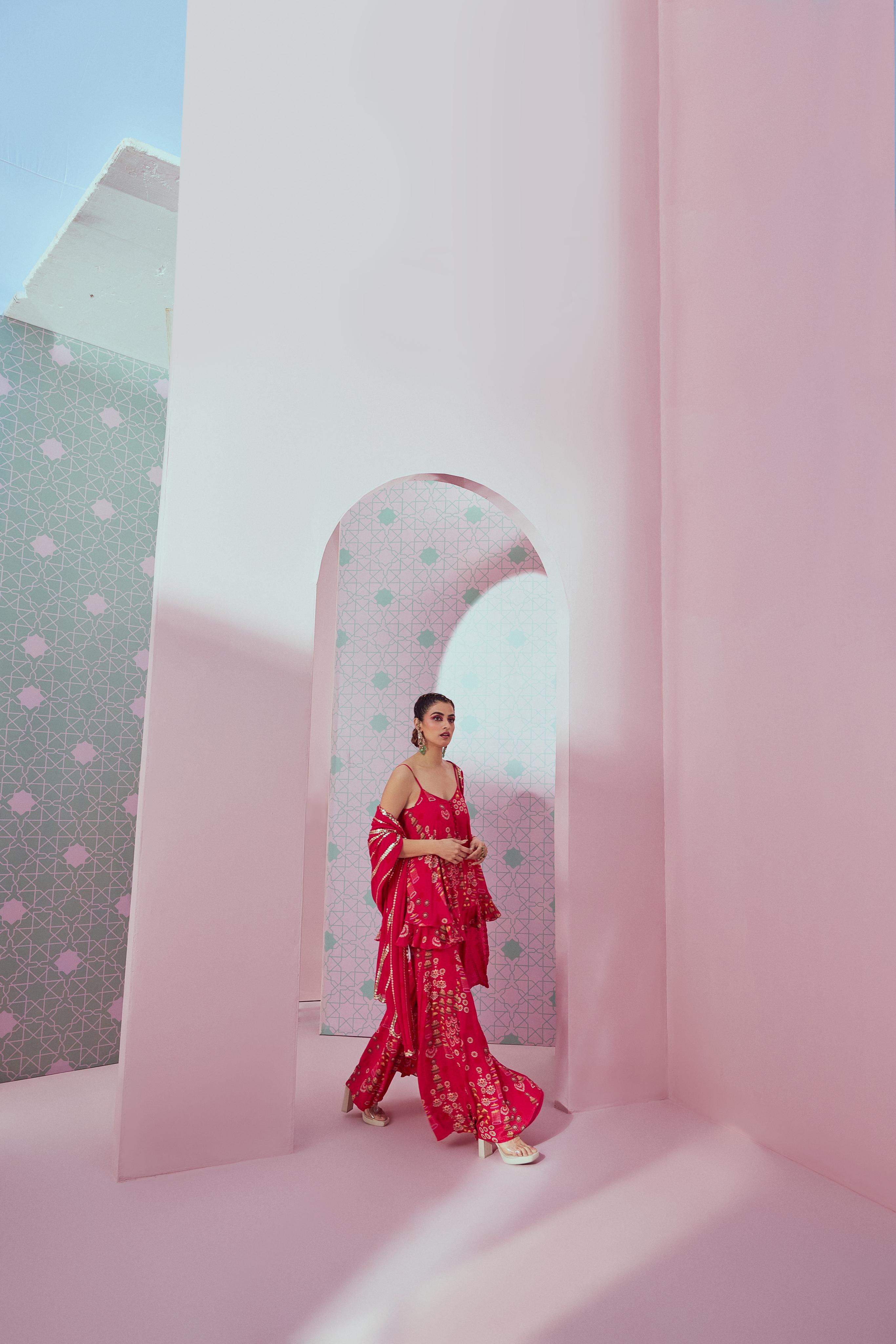 2 layered kurta with sharara paired up with a heavy dupatta