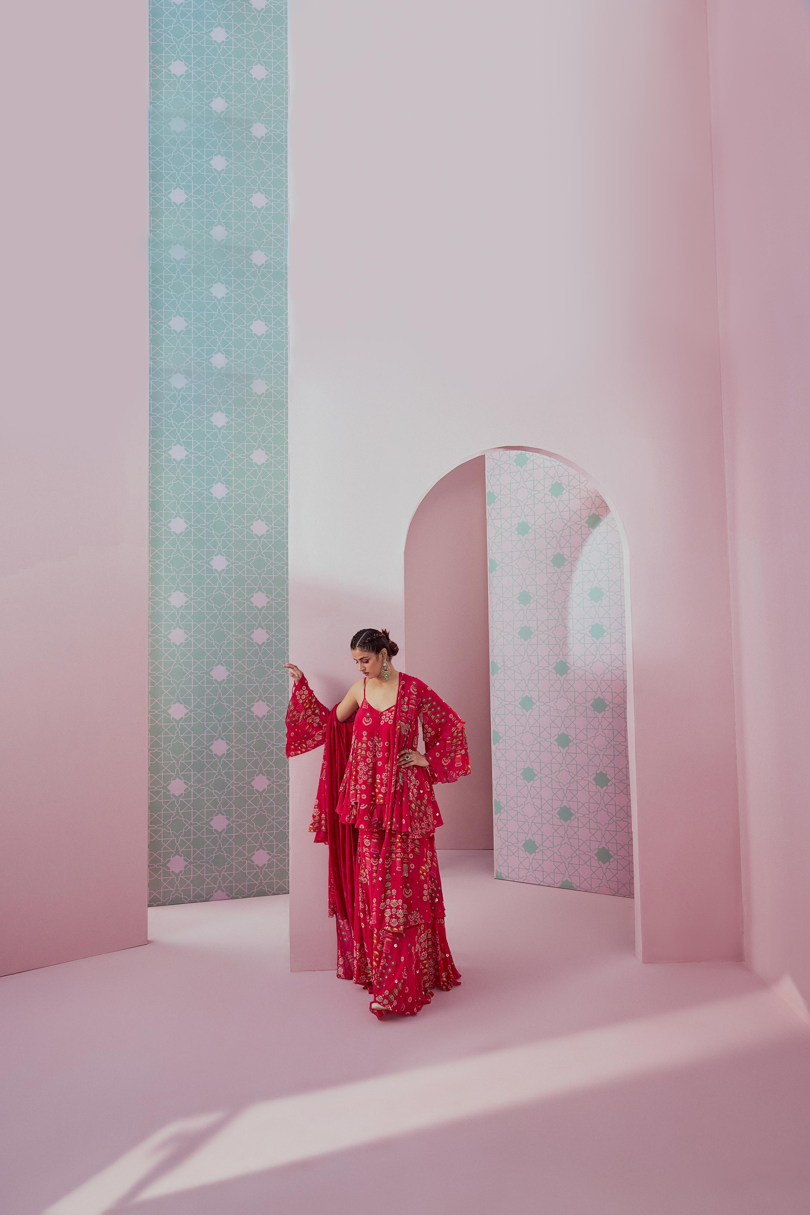 Layered kurta & sharara paired with layered cape