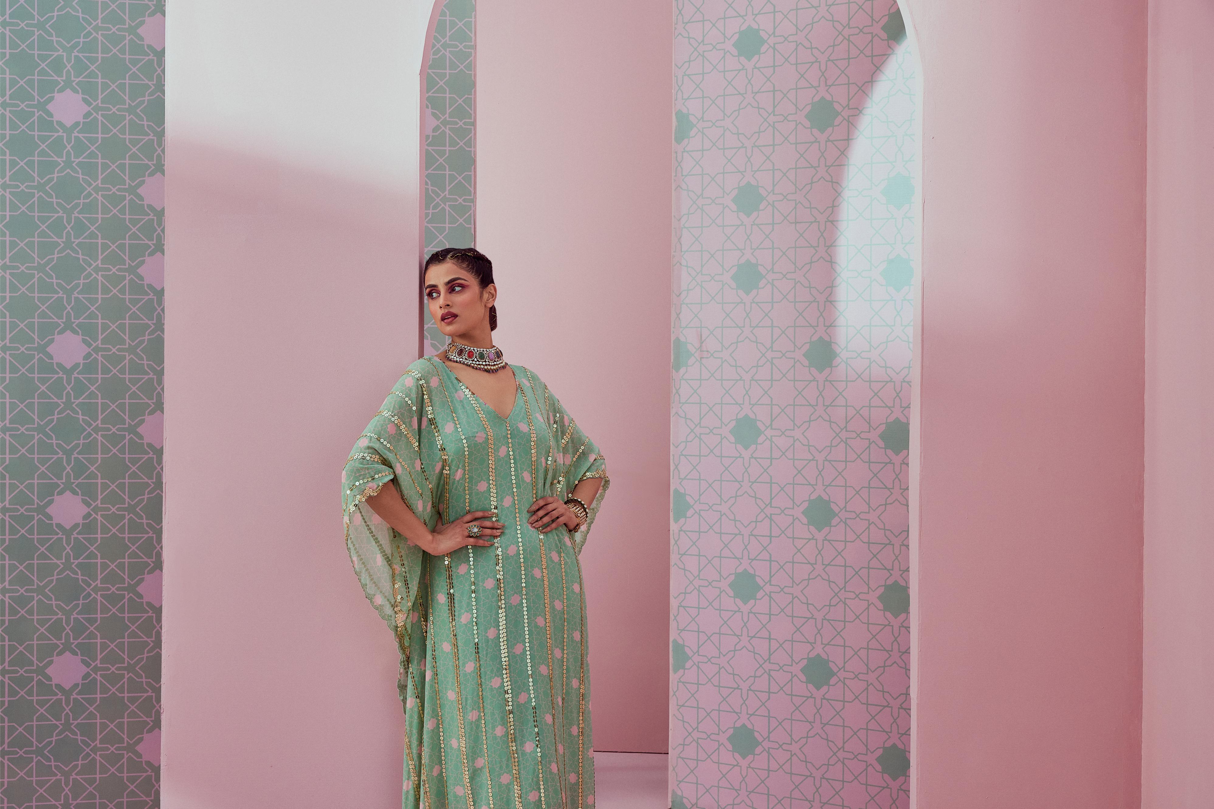 Mint green squence line kaftan