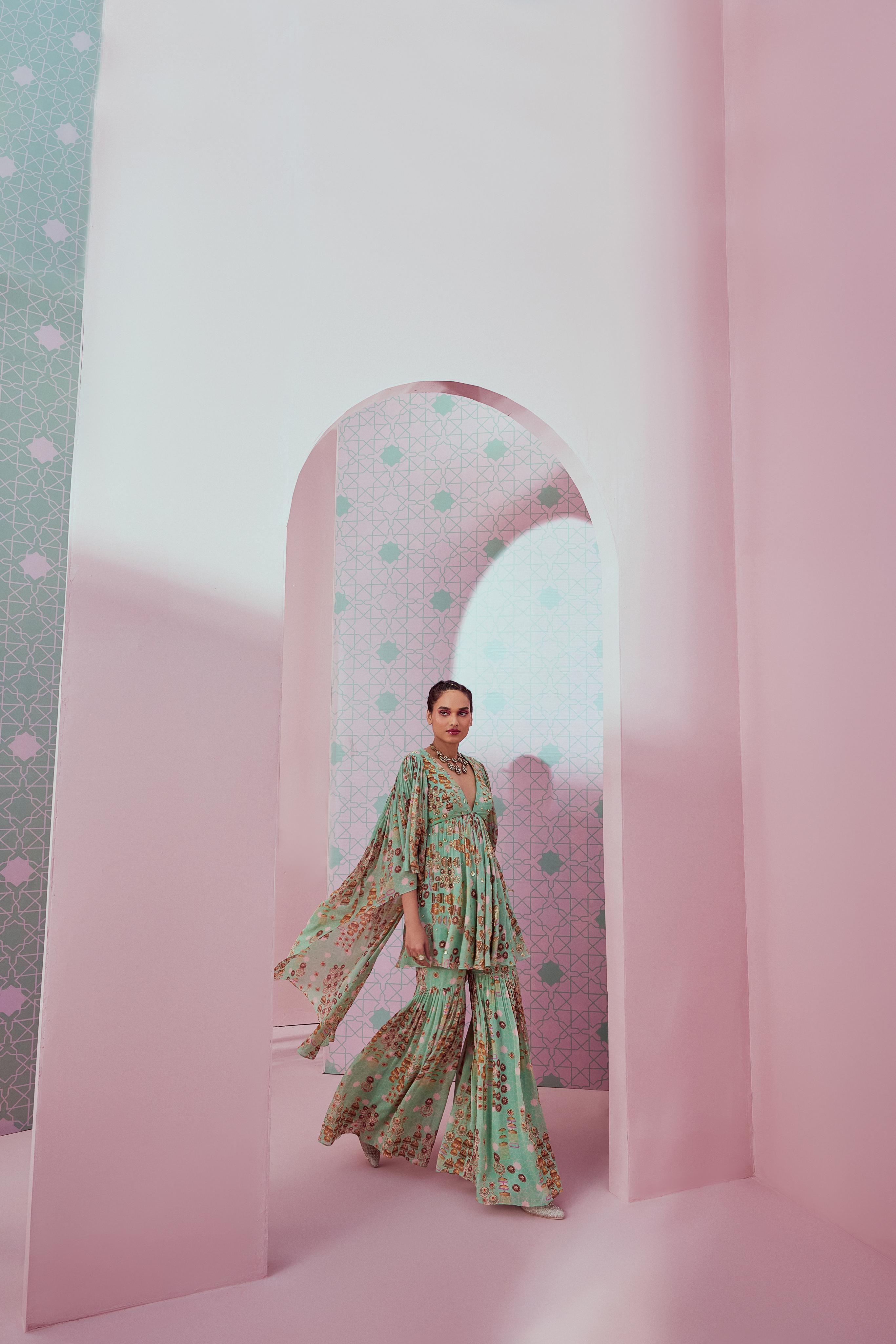Mint green kurta with layered sleeves & gharara