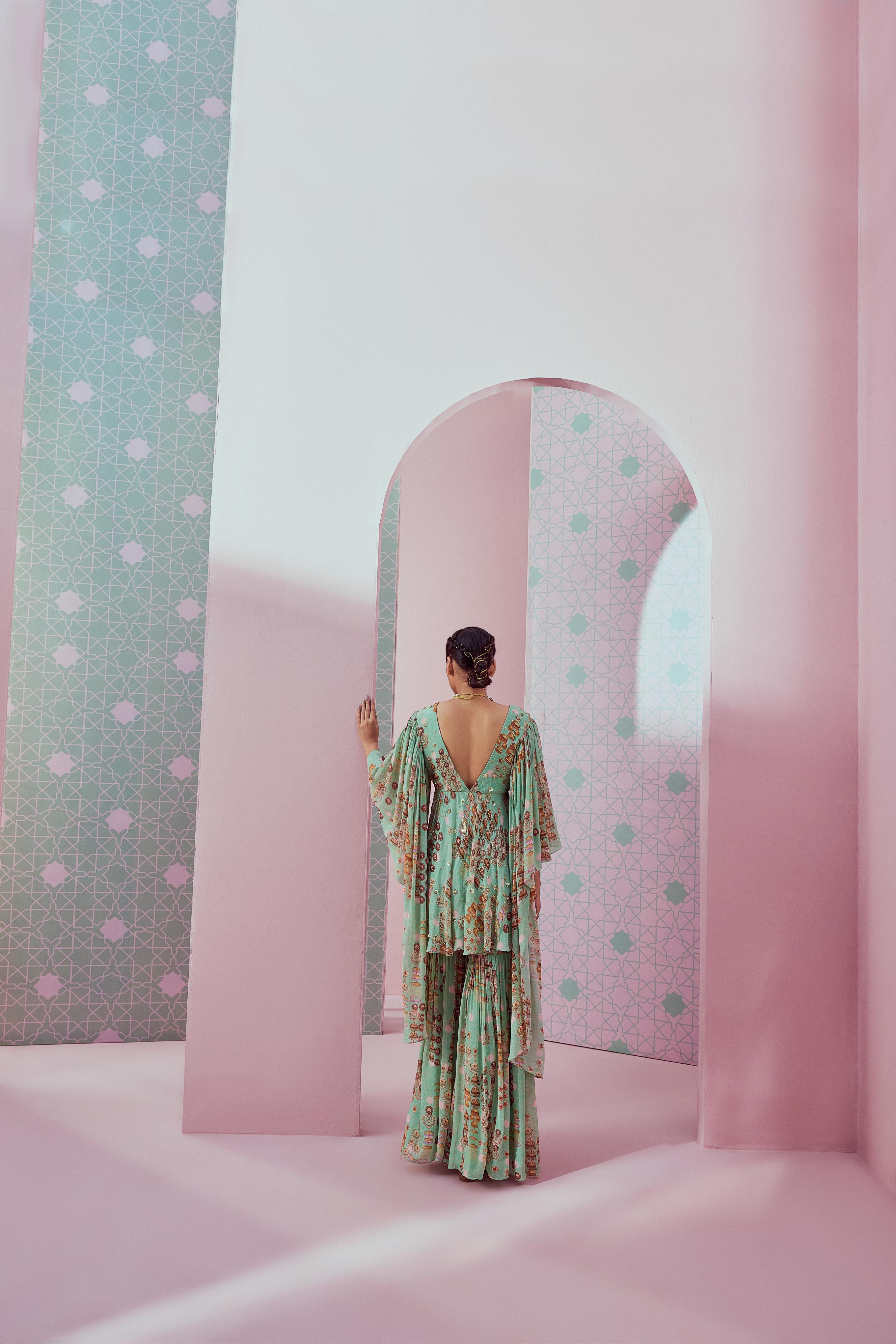 Mint green kurta with layered sleeves & gharara