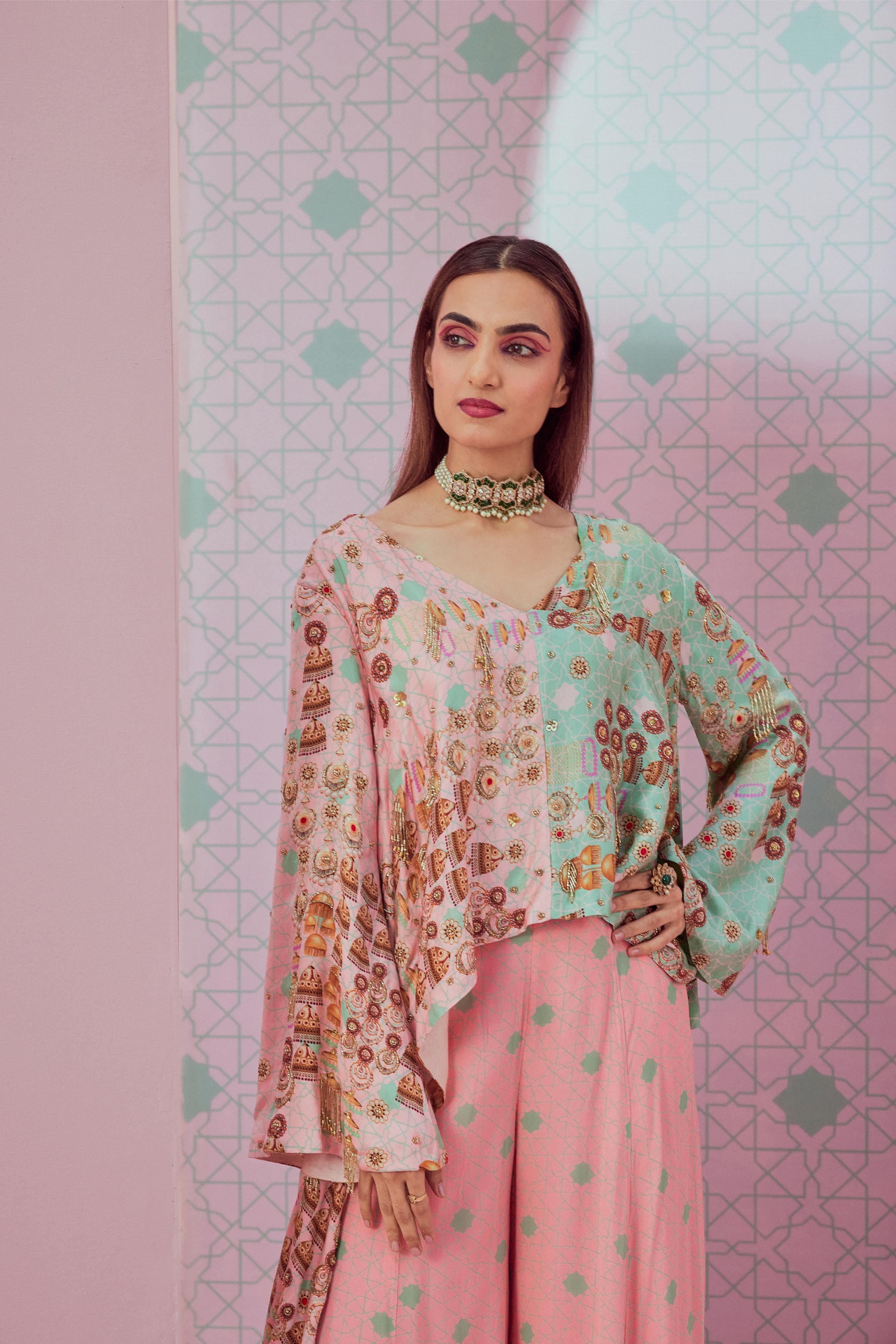 Green & pink long & short kurta paired with sharara