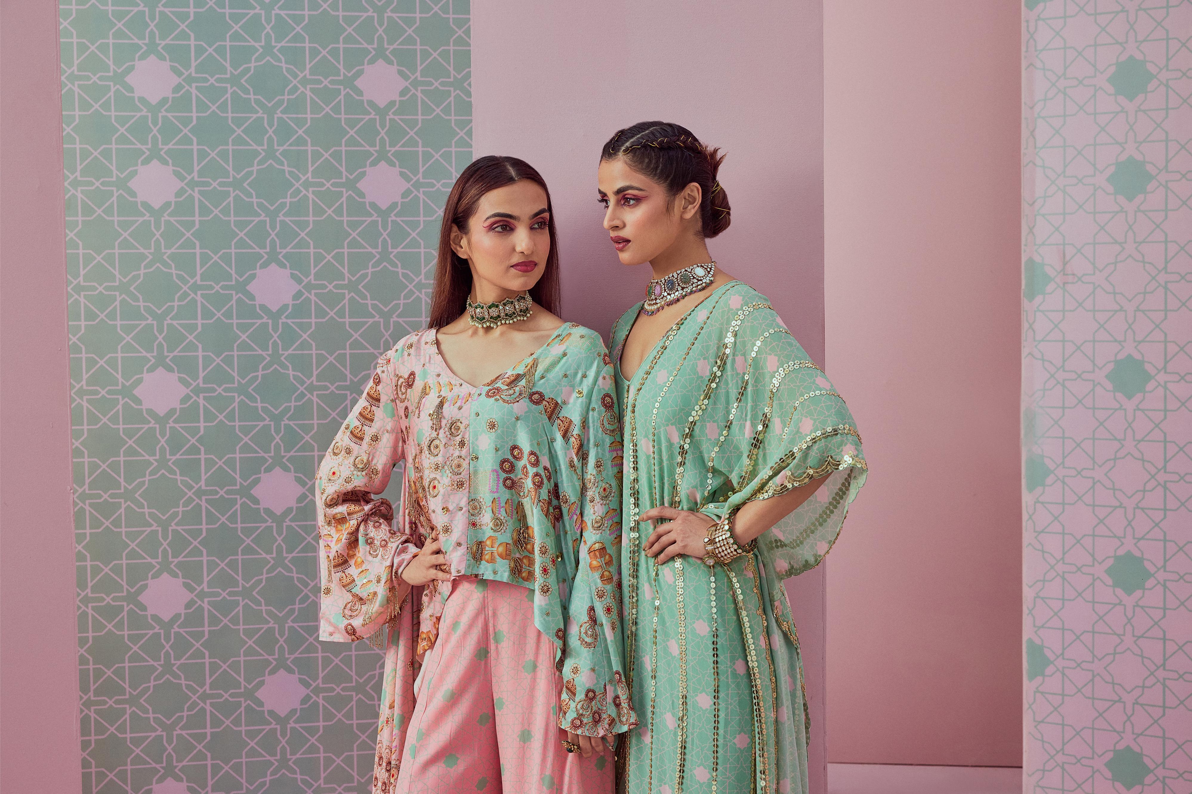 Green & pink long & short kurta paired with sharara