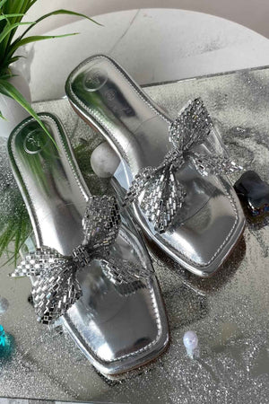 Silver Bow Silver Base Open Toe Flats