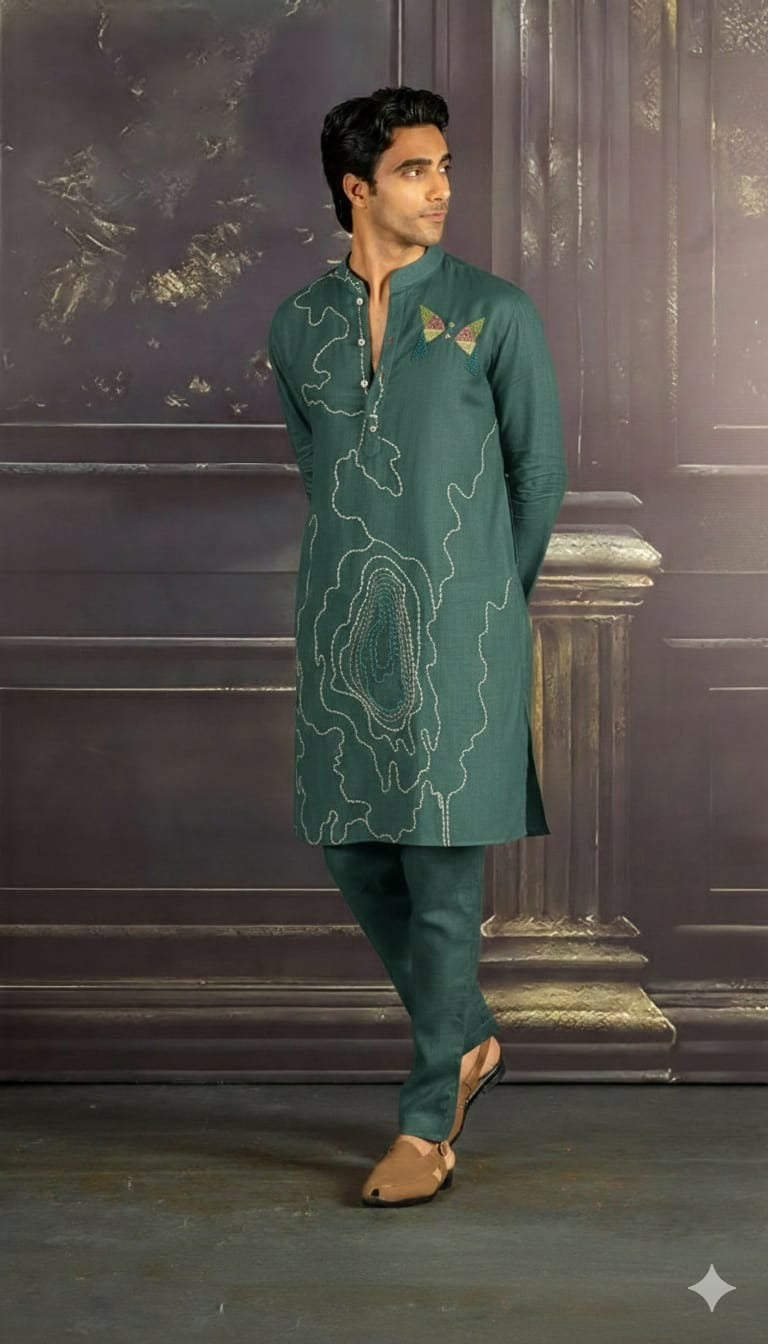 Forest Green Abstract Embroidered Kurta