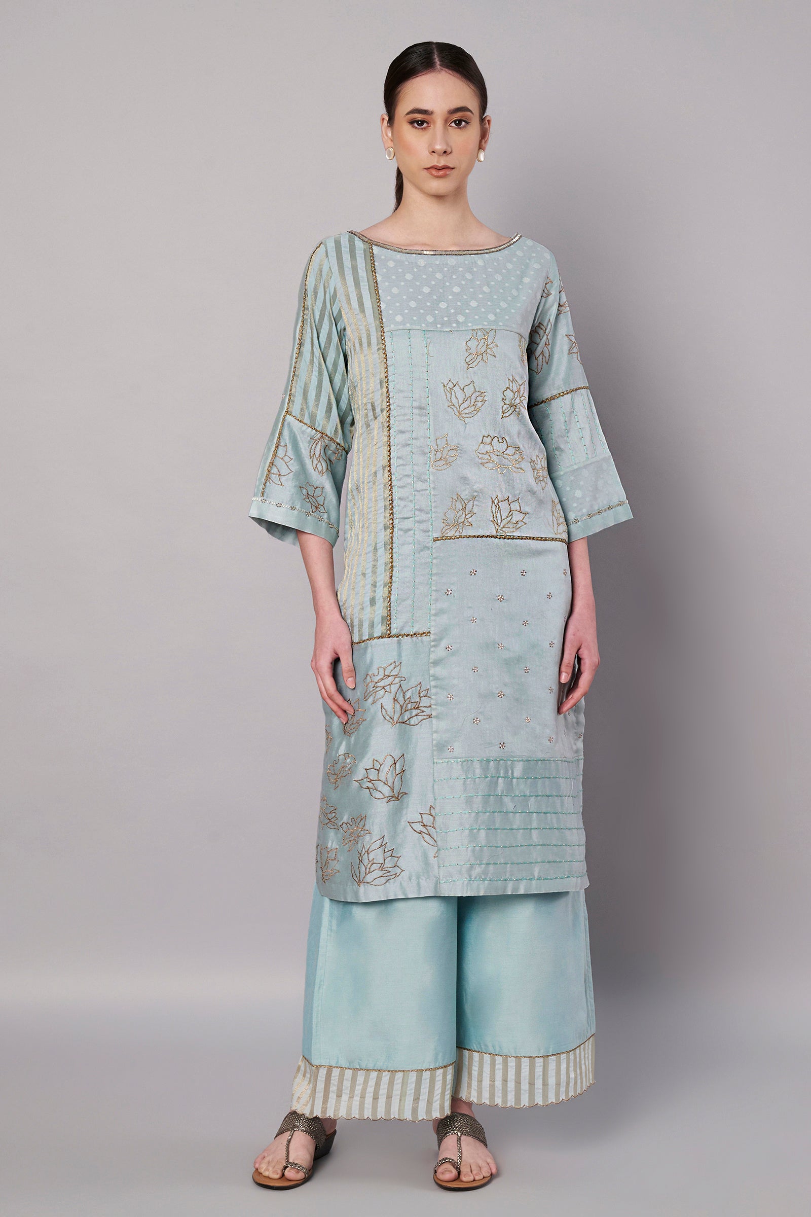 Spring Collage Kurta Set - Ice Blue