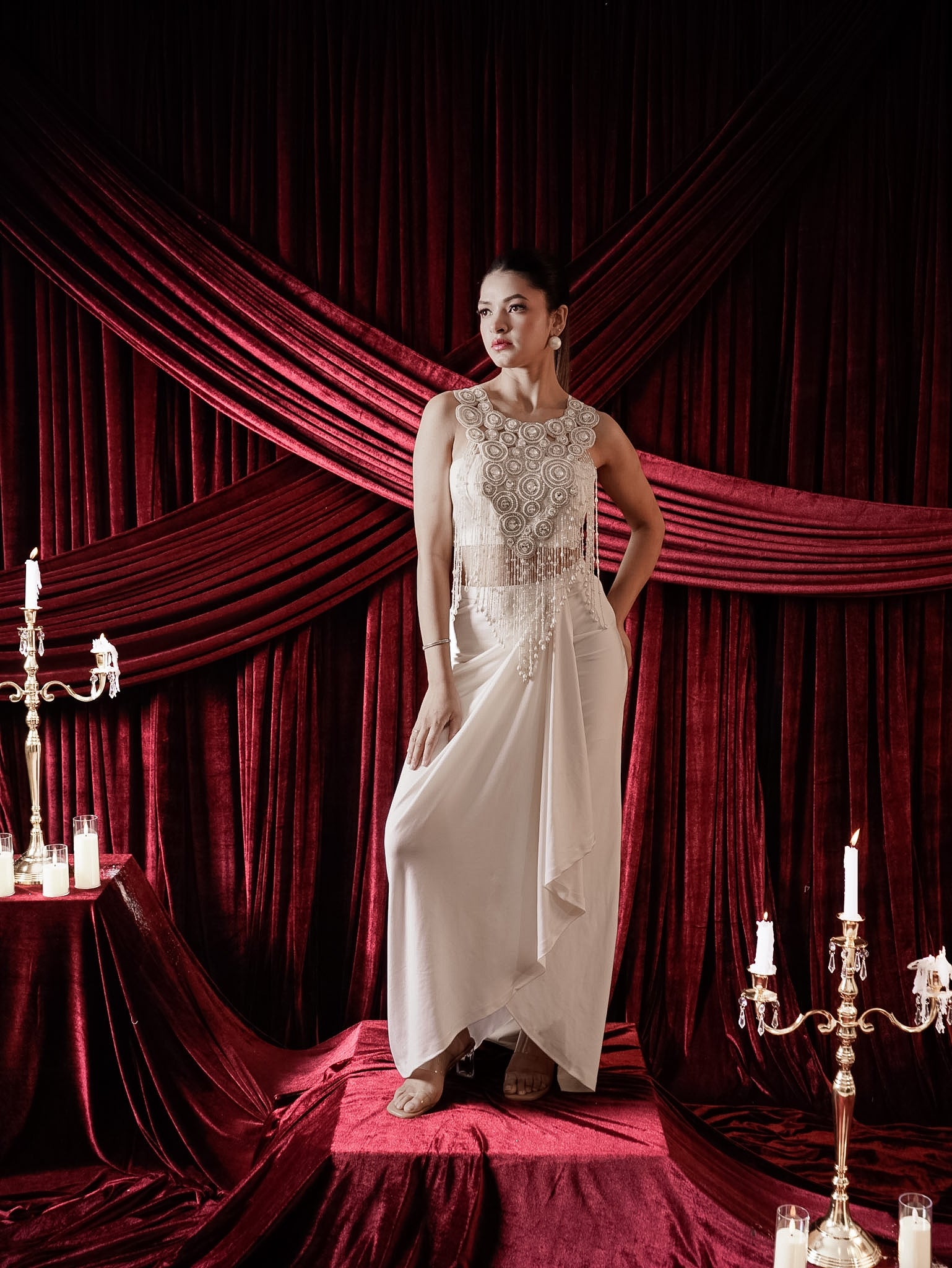 BEADED TOP WITH DRAPE SKIRT