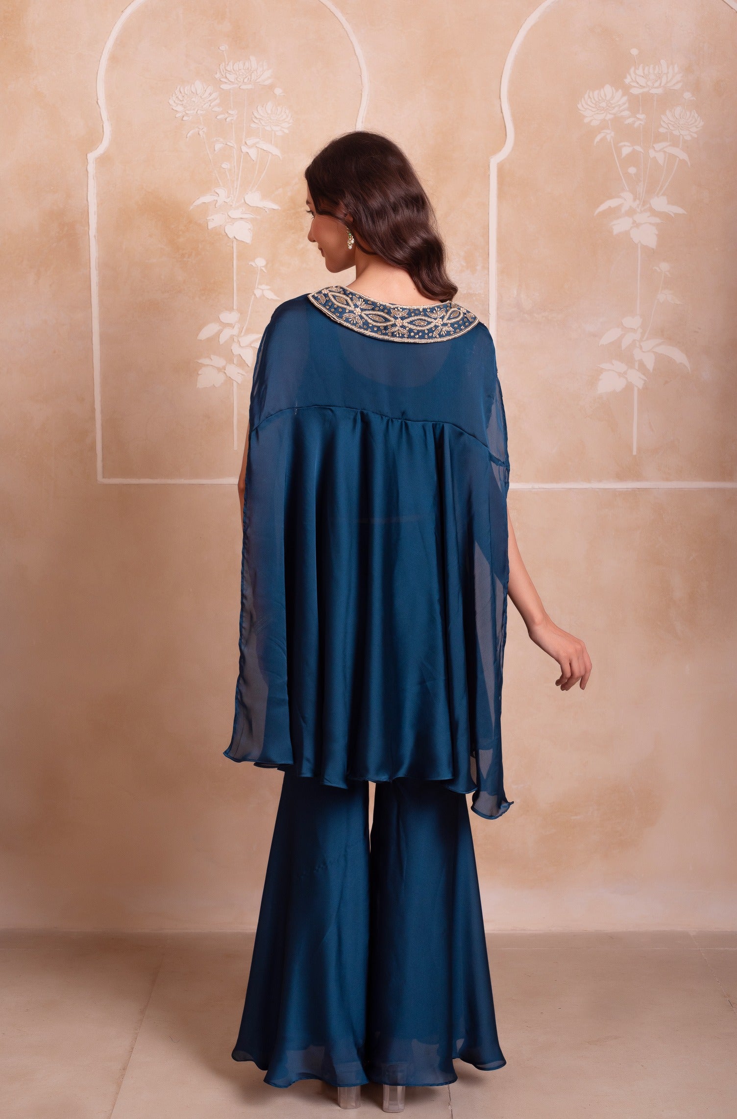 Teal Blue Satin Handwork Co-ord Set