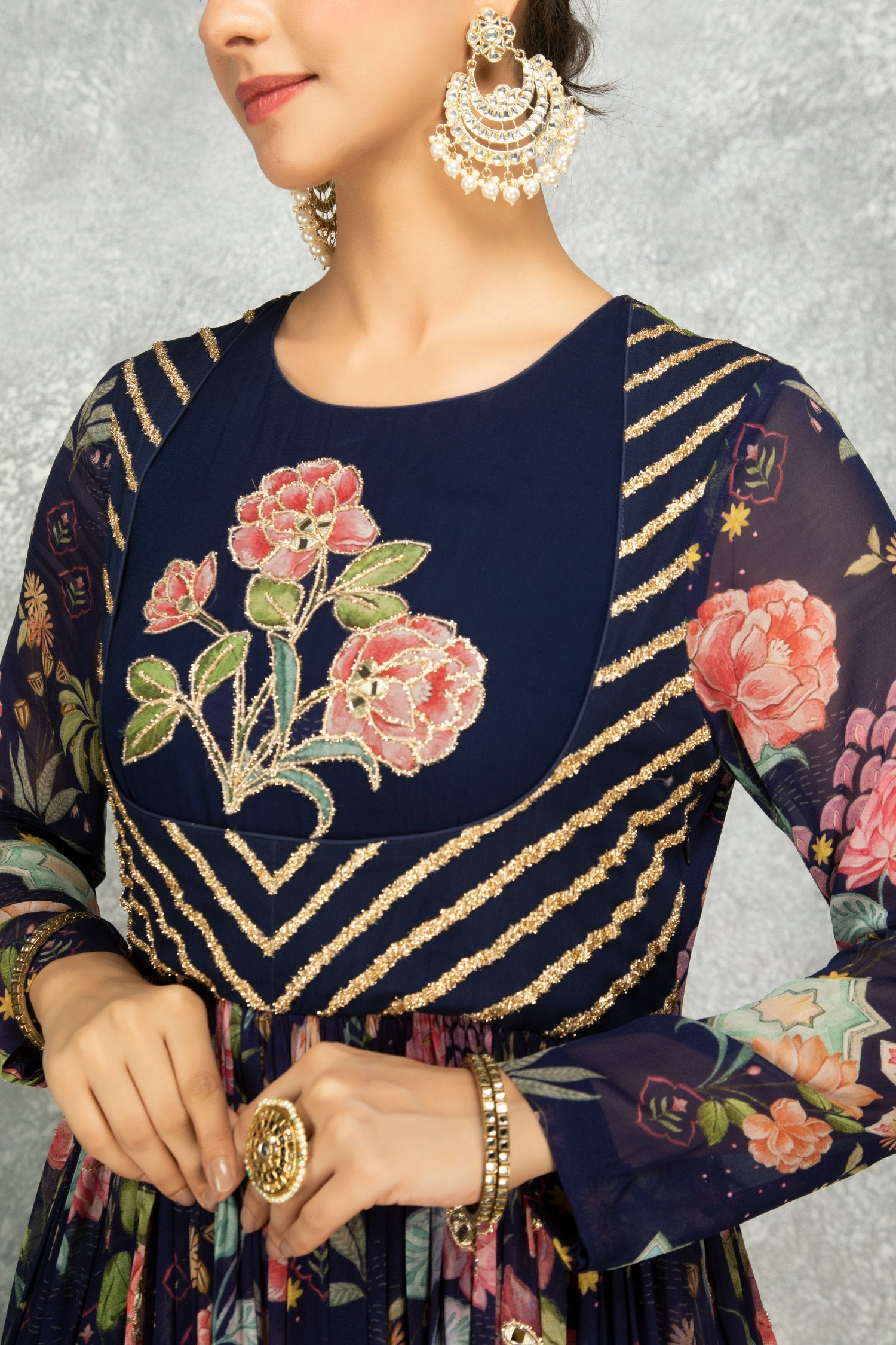 Blue Mirror Work Anarkali With Scalloping Dupatta