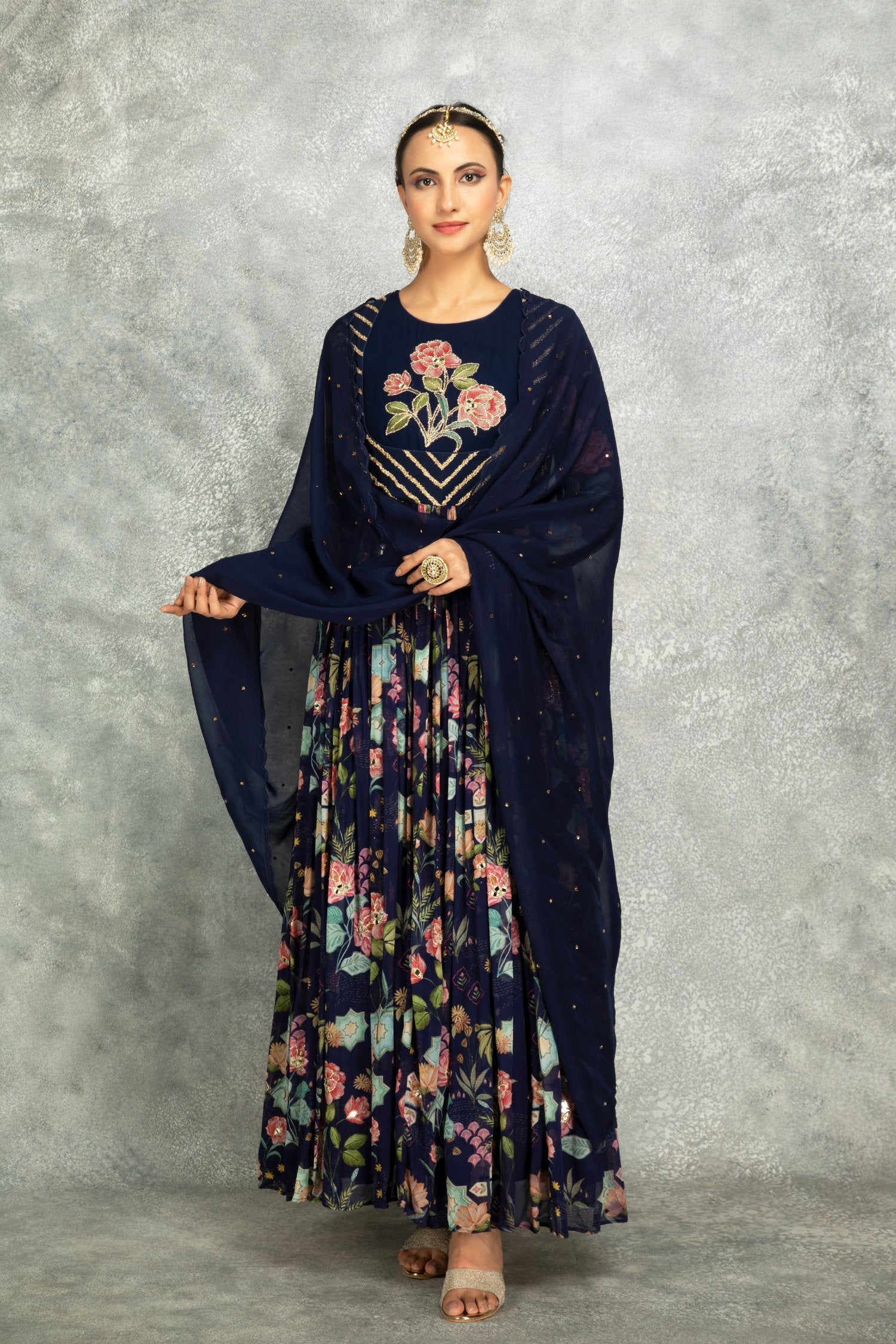 Blue Mirror Work Anarkali With Scalloping Dupatta