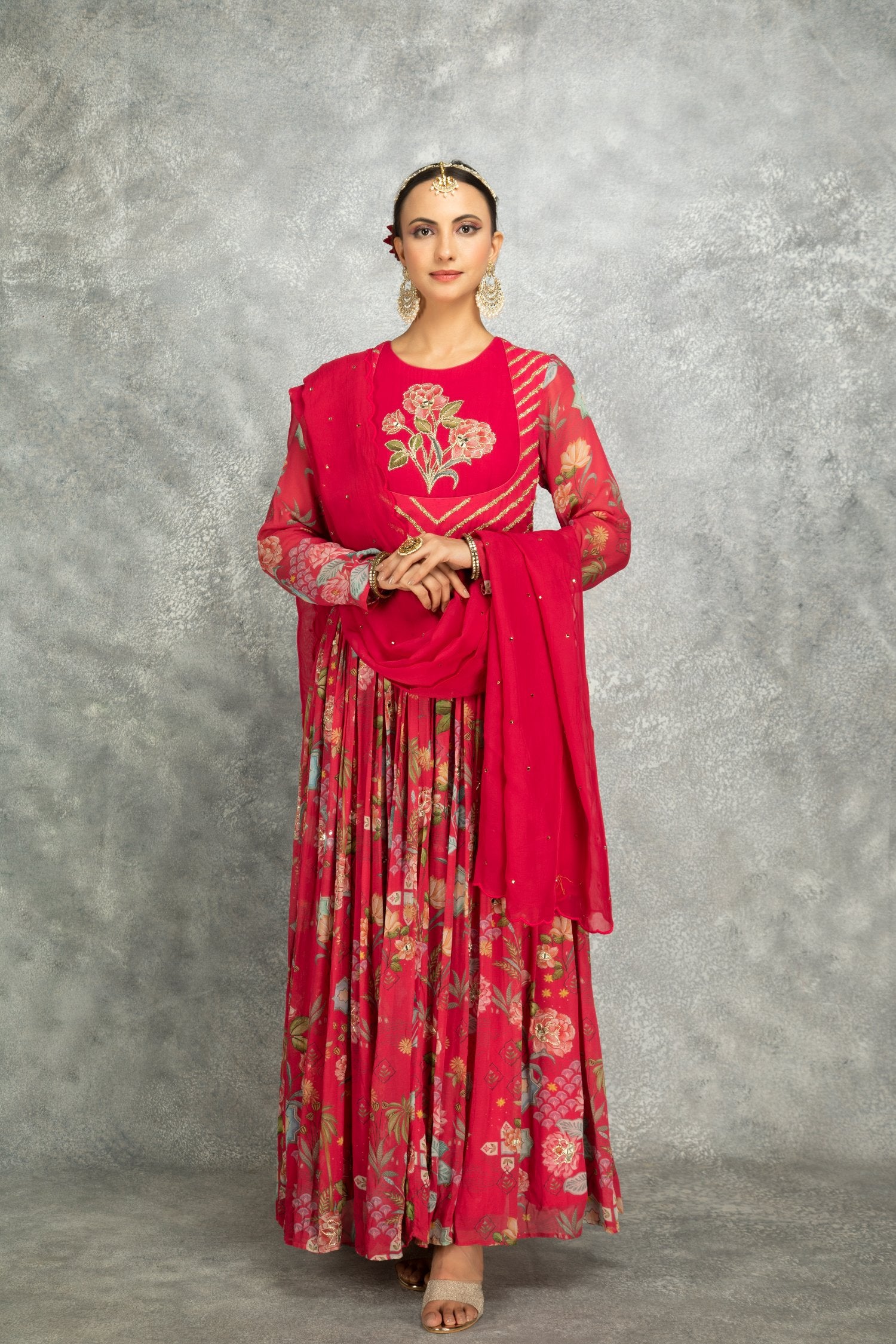 Hot Pink Mirror Work Anarkali With Scalloping Dupatta