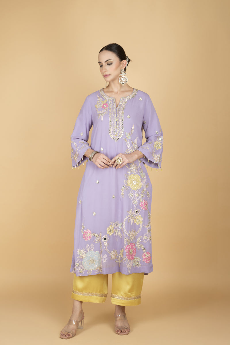 Purple Embroidered Kurta W/Contrasting Pant & Shaded Dupatta