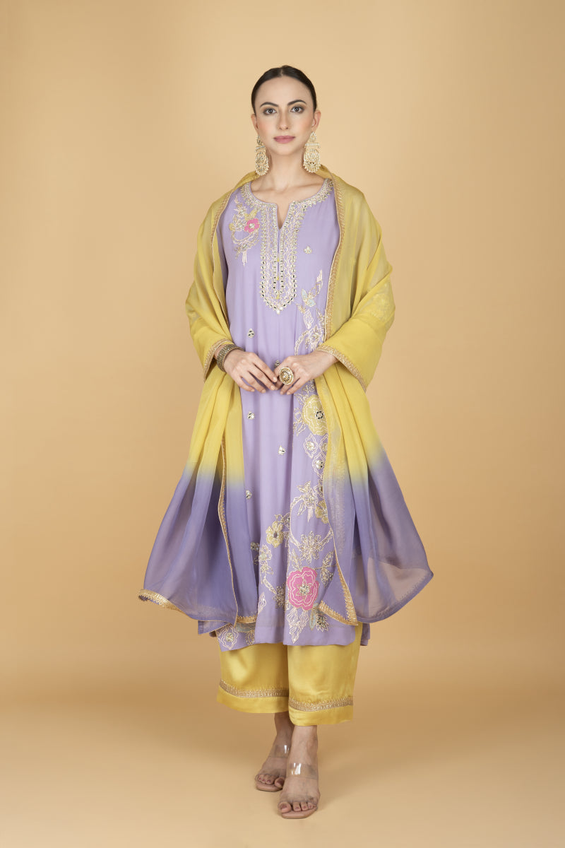 Purple Embroidered Kurta W/Contrasting Pant & Shaded Dupatta