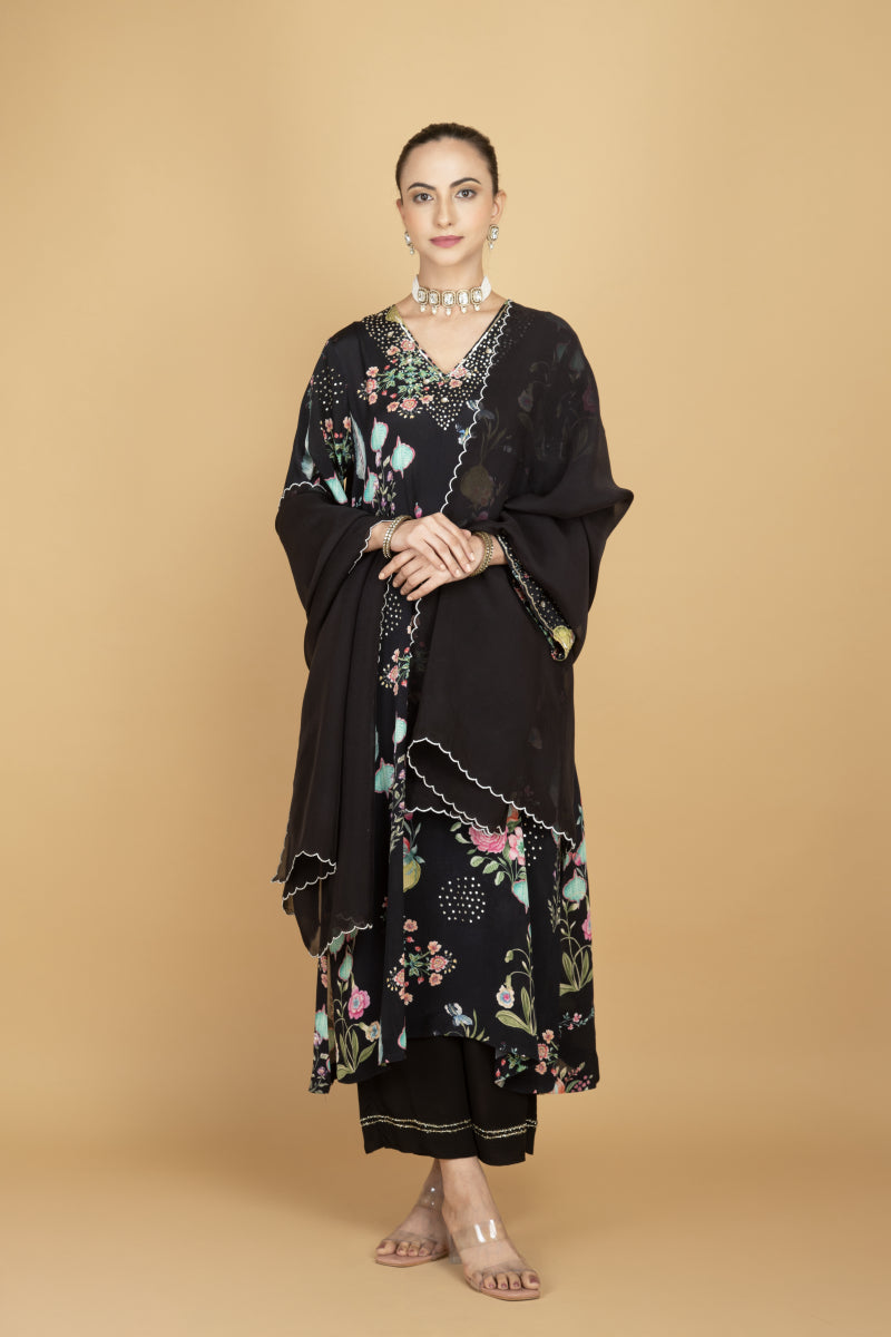 Black Floral Printed Sequin Embroidery Kurta with Pant & Dupatta Set