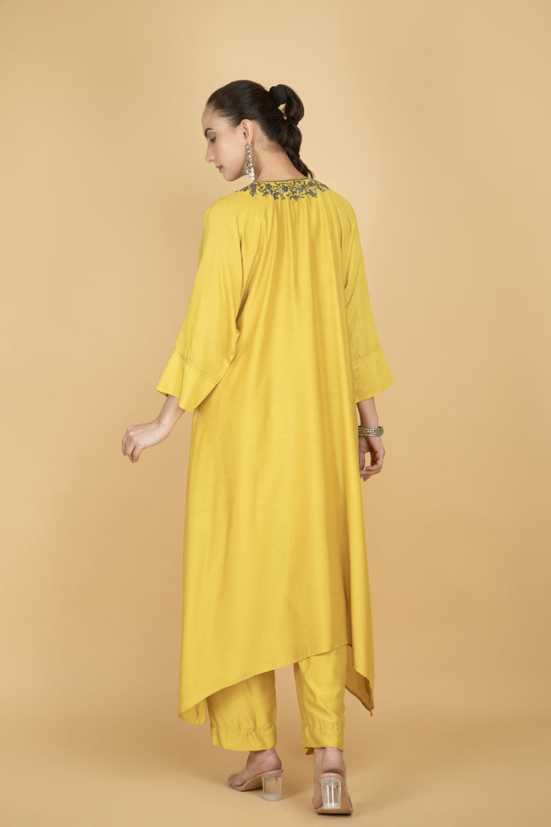 Lime Yellow Hand Embroidered Kaftaan Kurta W/Pants