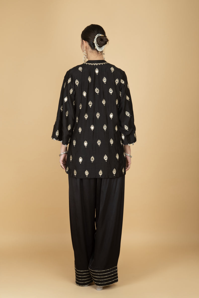 Black Mirror Butti Embroidered Short Kurta with Farsi Salwar & Printed Dupatta
