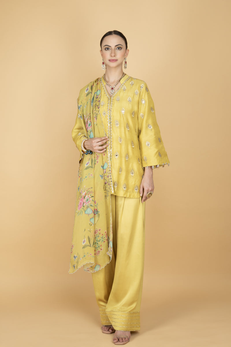 Lime Yellow Mirror Butti Embroidered Short Kurta with Farsi Salwar & Printed Dupatta