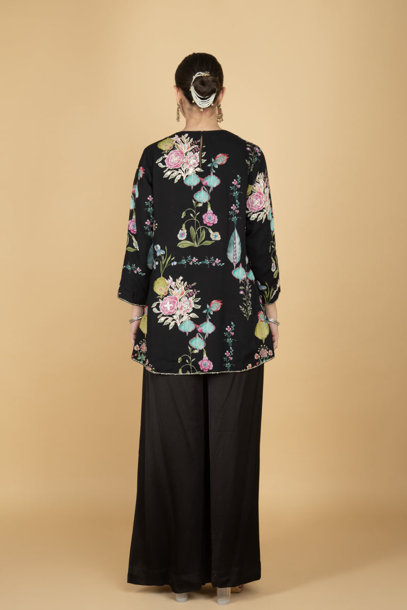 Black Floral Print Embroidered Overlay Top With Pants