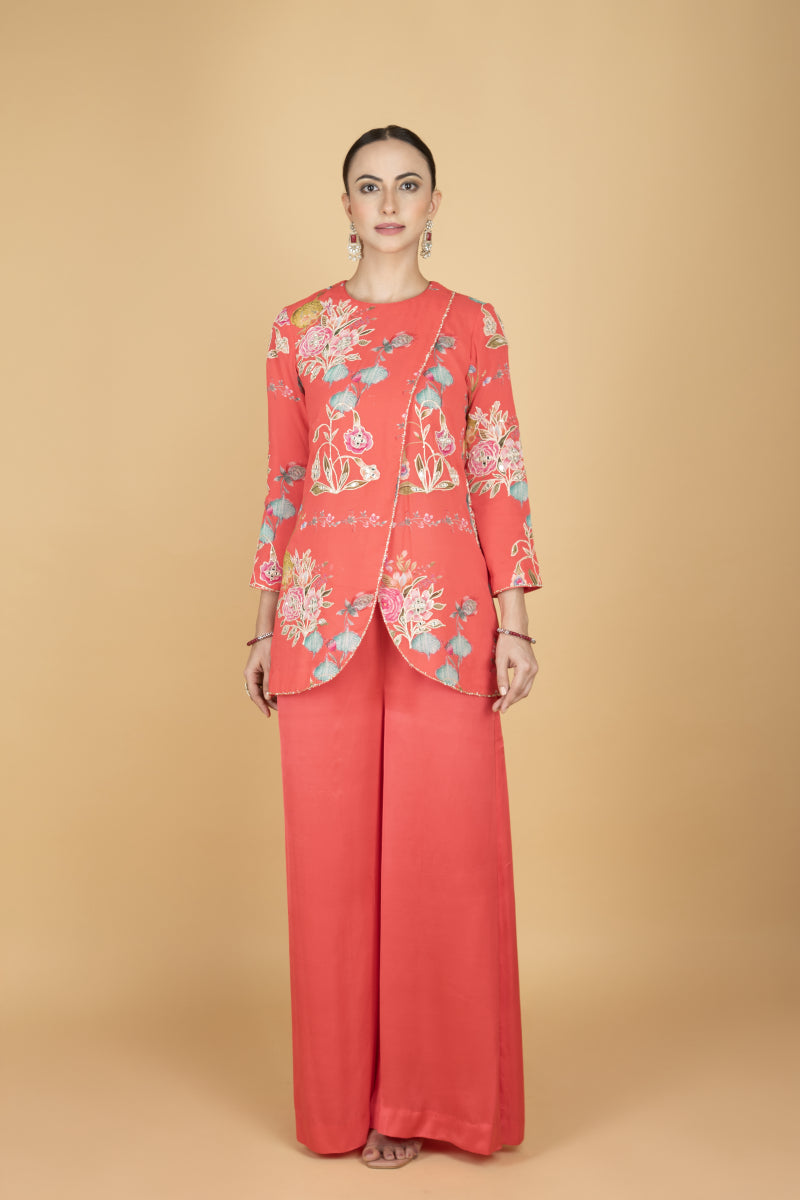 Coral Pink Floral Print Embroidered Overlay Top W/Pants