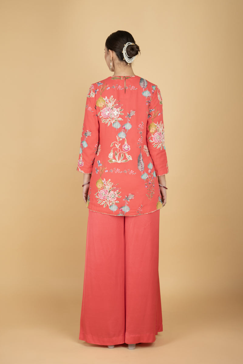 Coral Pink Floral Print Embroidered Overlay Top W/Pants