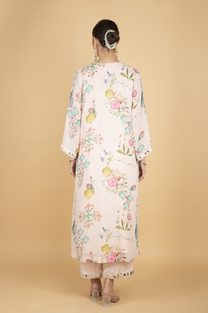 Nude Pink Floral Print Mirror Embroidered Kurta With Pants & Dupatta