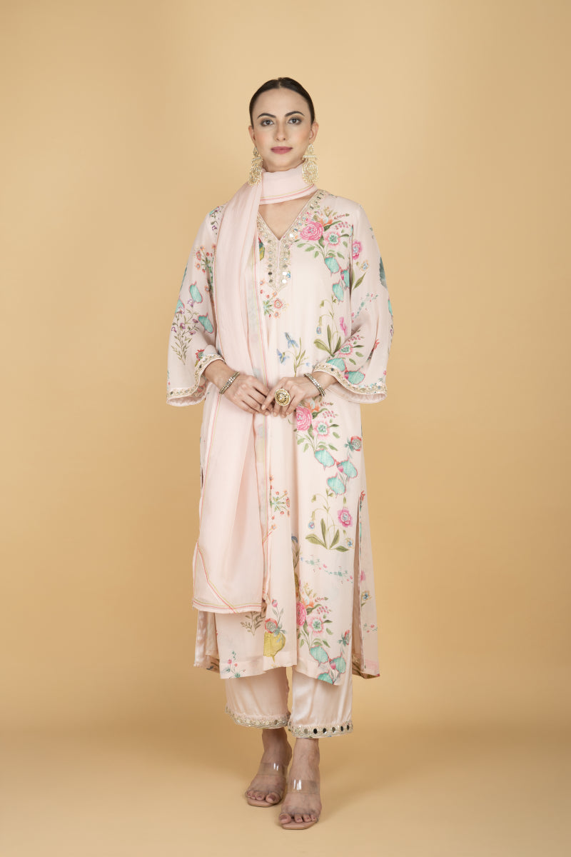 Nude Pink Floral Print Mirror Embroidered Kurta With Pants & Dupatta