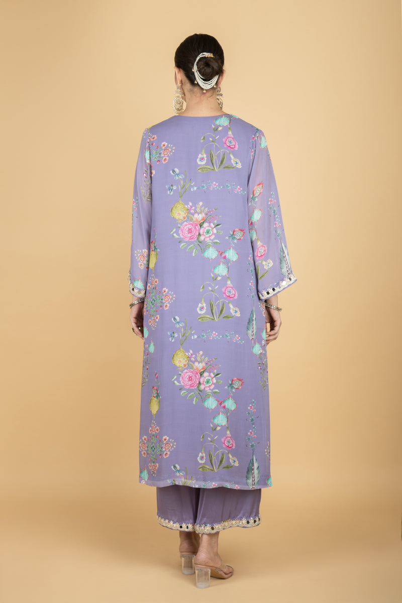 Purple Floral Print Mirror Embroiderd Kurta With Pants & Dupatta