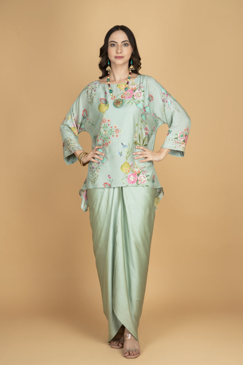 Green Printed Embroidered High Low Top W/Drape Skirt