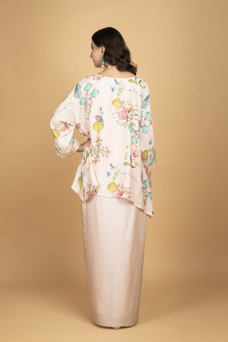 Nude Pink Printed Embroidered High Low Top W/Drape Skirt