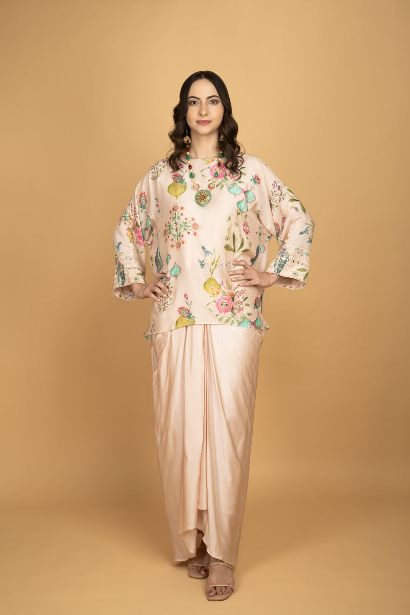 Nude Pink Printed Embroidered High Low Top W/Drape Skirt