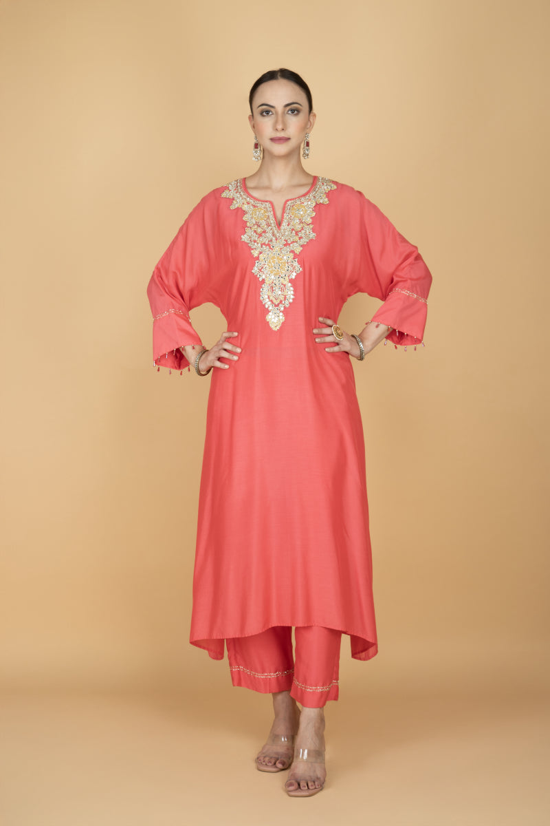 Coral Pink Embroidered Kaftaan Kurta With Pants