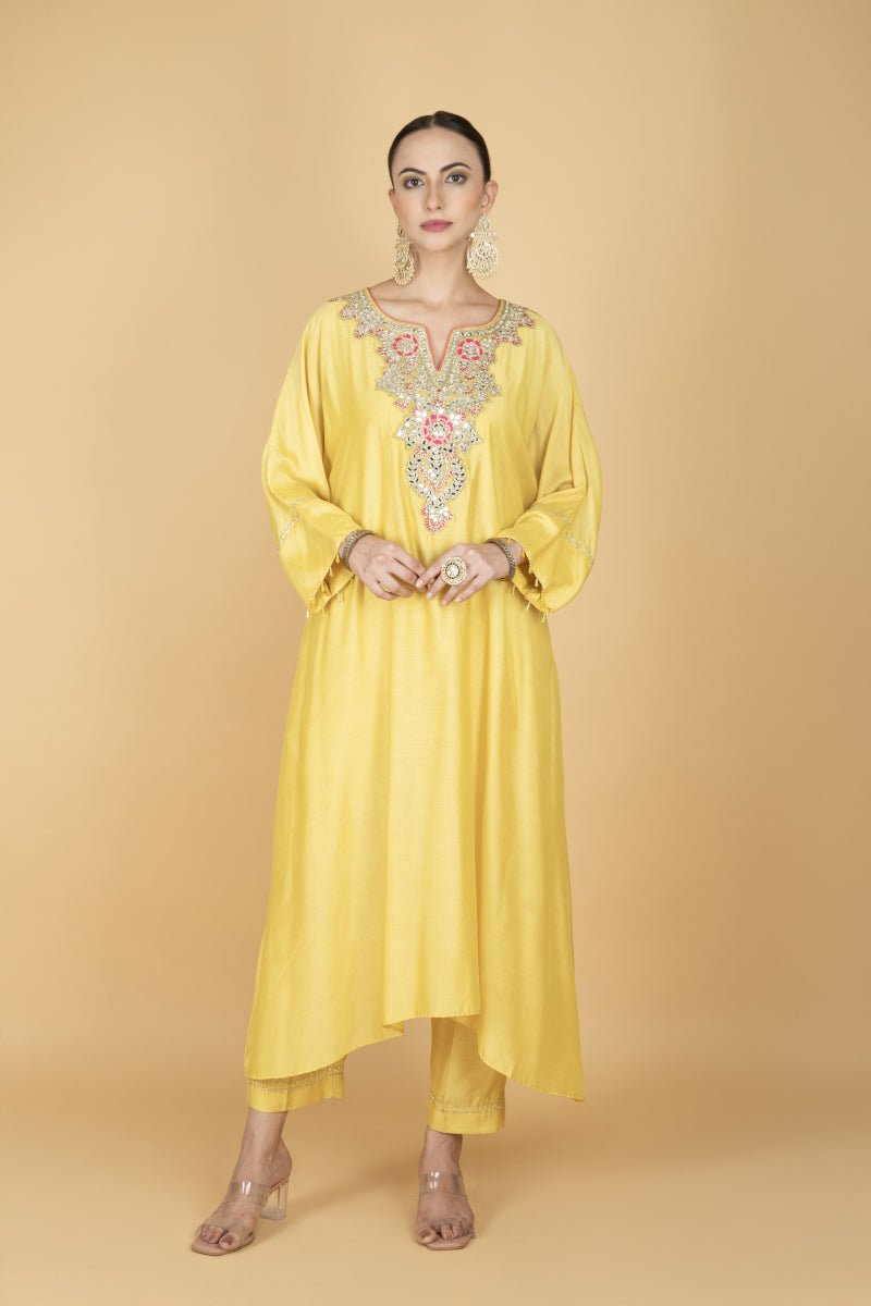 Lemon Yellow Embroidered Kaftaan Kurta With Pants