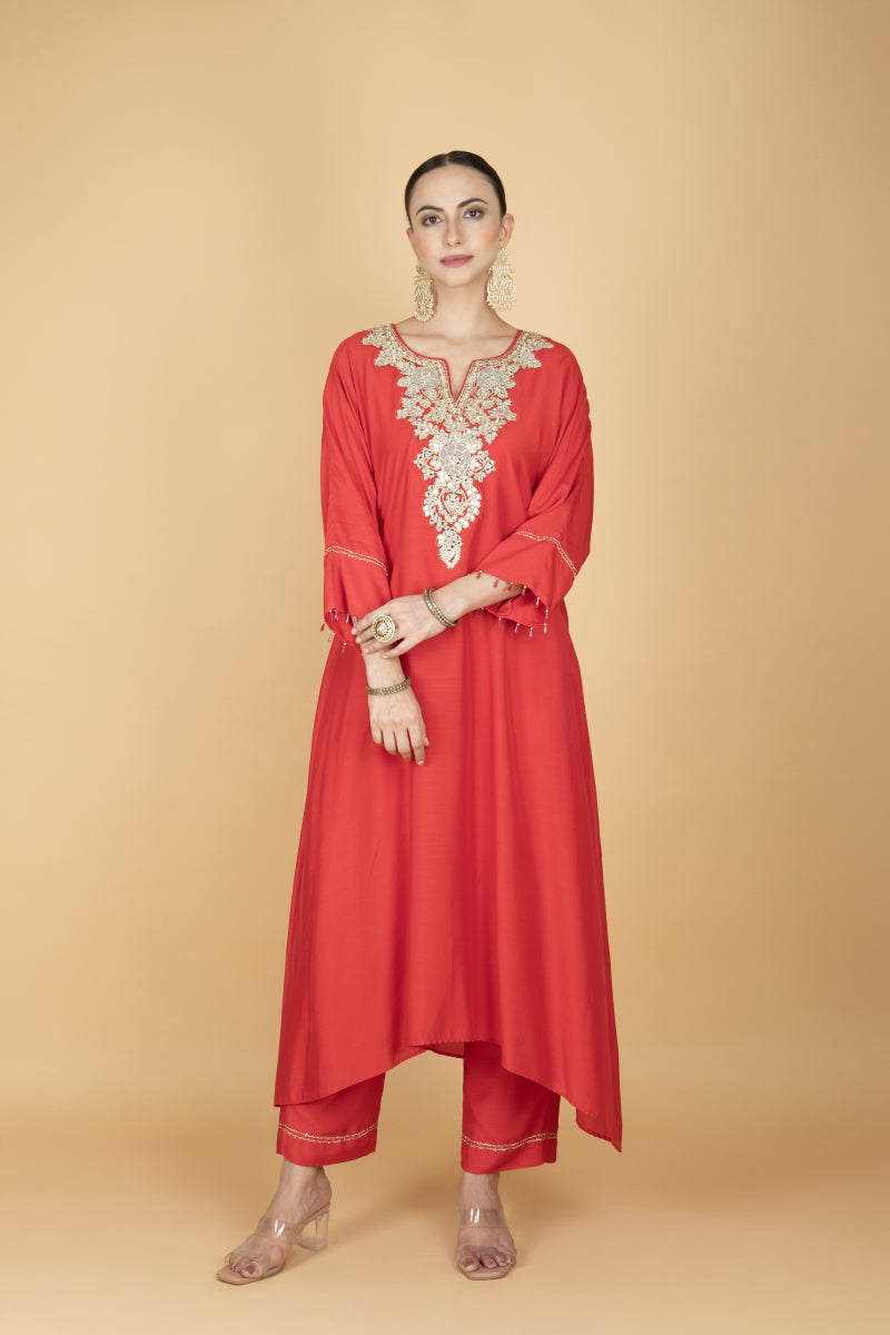 Red Embroidered Kaftaan Kurta With Pants