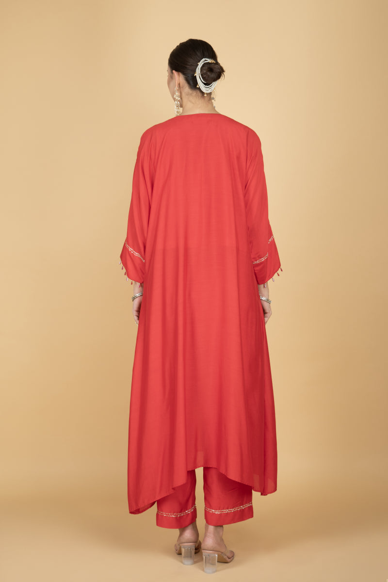 Red Embroidered Kaftaan Kurta With Pants